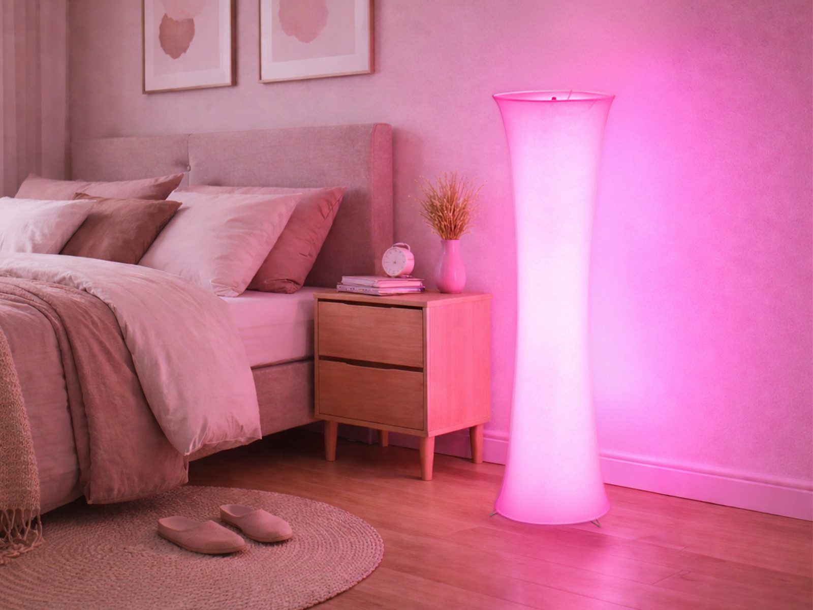 Reality Leuchten LED Stehlampe mit RGBW Leuchtmittel, Höhe 123cm, dimmbar, LED wechselbar, Warmweiß, kleine Stoff Lichtsäule stehend, inkl. Leuchtmitteln mit Fernbedienung