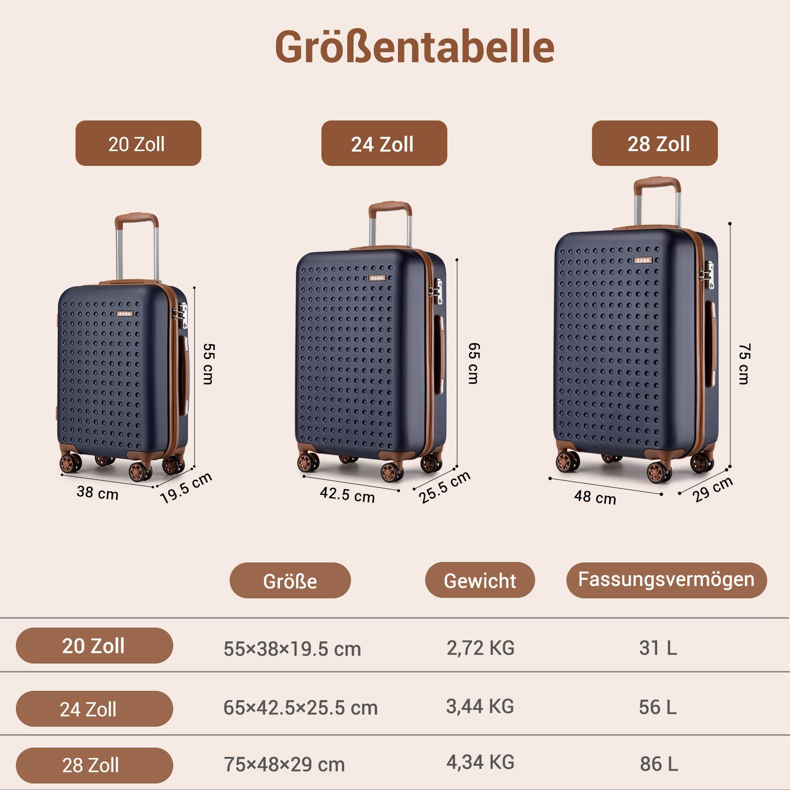 KONO Koffer Hartschalenkoffer Reisekoffer Trolleys 100% ABS Handgepäck Koffer