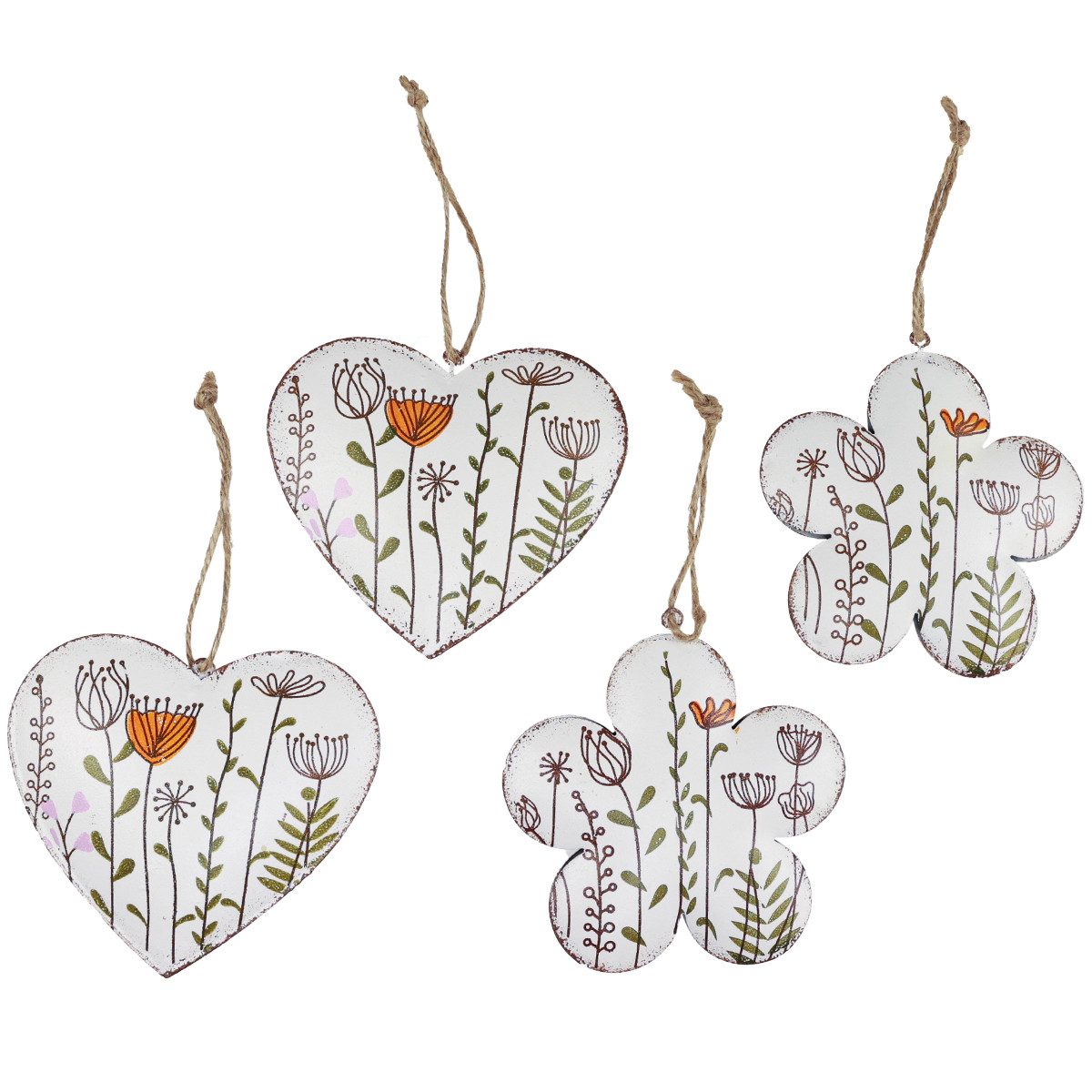 Hängedekoration Hängedeko Metall Vintage Herzen Blumen Weiß 10cm 4 Stk. - Deko für