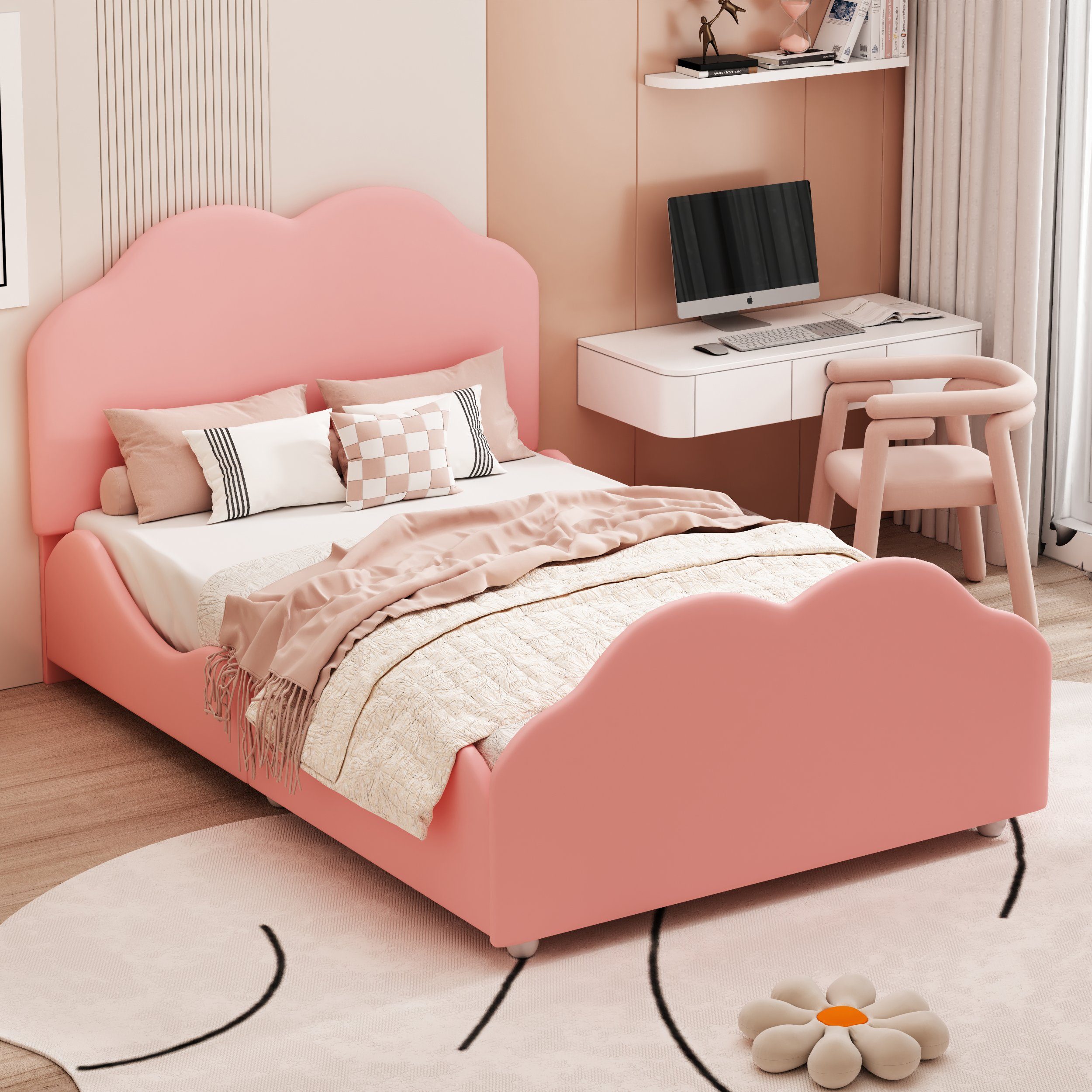 Flieks Kinderbett, Wolkenform Einzelbett süße rosa Samt Polsterbett 90x200cm