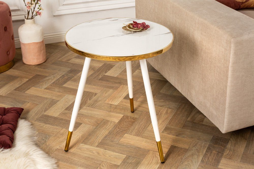 riess-ambiente Beistelltisch PARIS 45cm weiß / gold (Einzelartikel, 1-St), Wohnzimmer · Holzwerkstoff · Metall · rund · Marmor-Dekor · Retro weiß | weiß | weiß