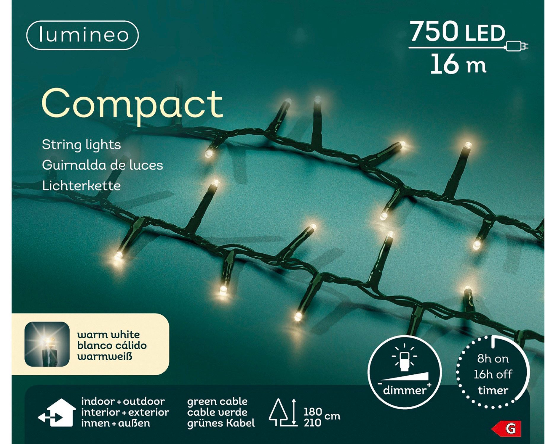 Lumineo LED-Lichterkette Lumineo Lichterkette COMPACT 750 LED 16 m warm weiß, grünes Kabel, Indoor/Outdoor, dimmbar, 8h-Timer, 5 m Zuleitung