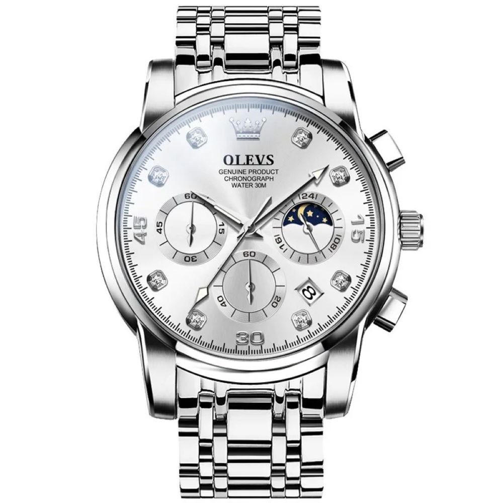 OLEVS Quarzuhr Herrenuhr Olevs Silber/Silber Chronograph Sportlich Edelstah günstig online kaufen