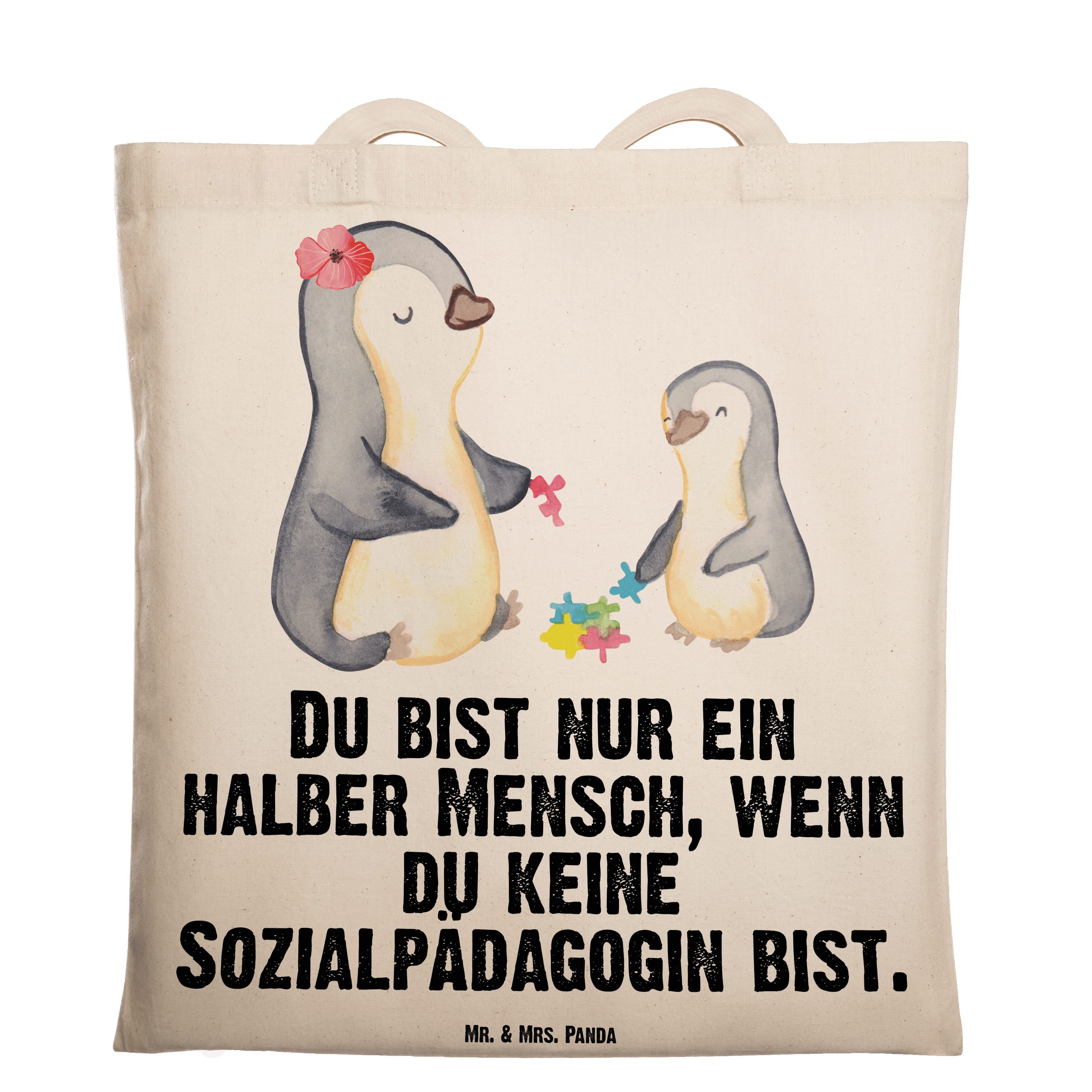 Mr. & Mrs. Panda Tragetasche Sozialpädagogin mit Herz - Transparent - Geschenk, Stoffbeutel, Schen (1-tlg)