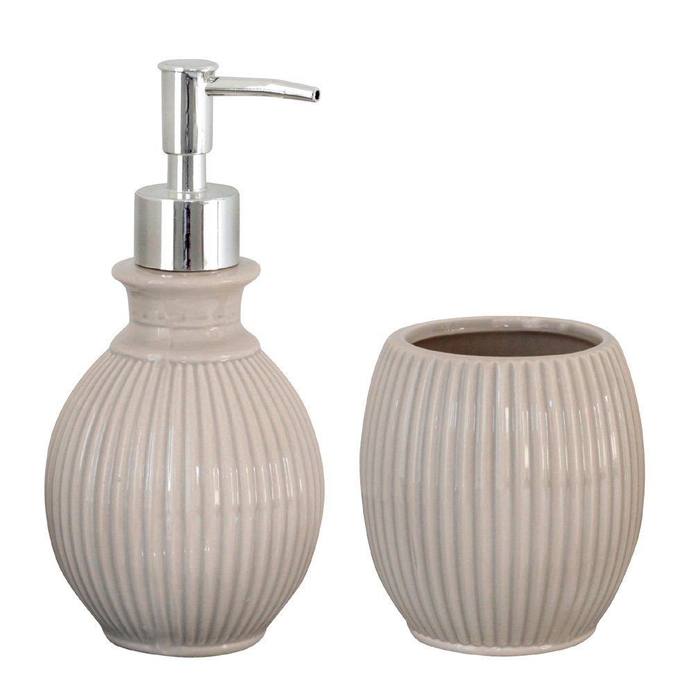 Grafelstein Badaccessoires-Sets 2tlg. Bad-Set CARLIEN grau beige greige Seifenspender Becher geriffelt Kugel