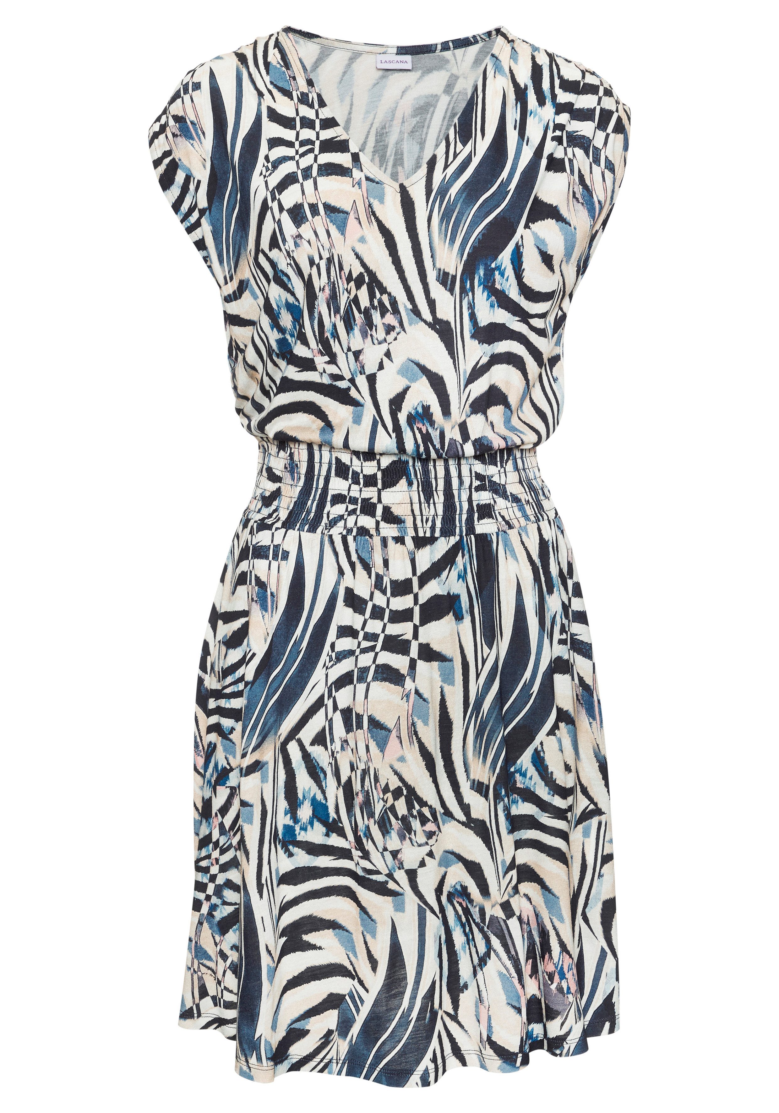 LASCANA Jerseykleid mit breitem Smokbund, kurzes Sommerkleid im Alloverprint, Strandkleid. € 39,99