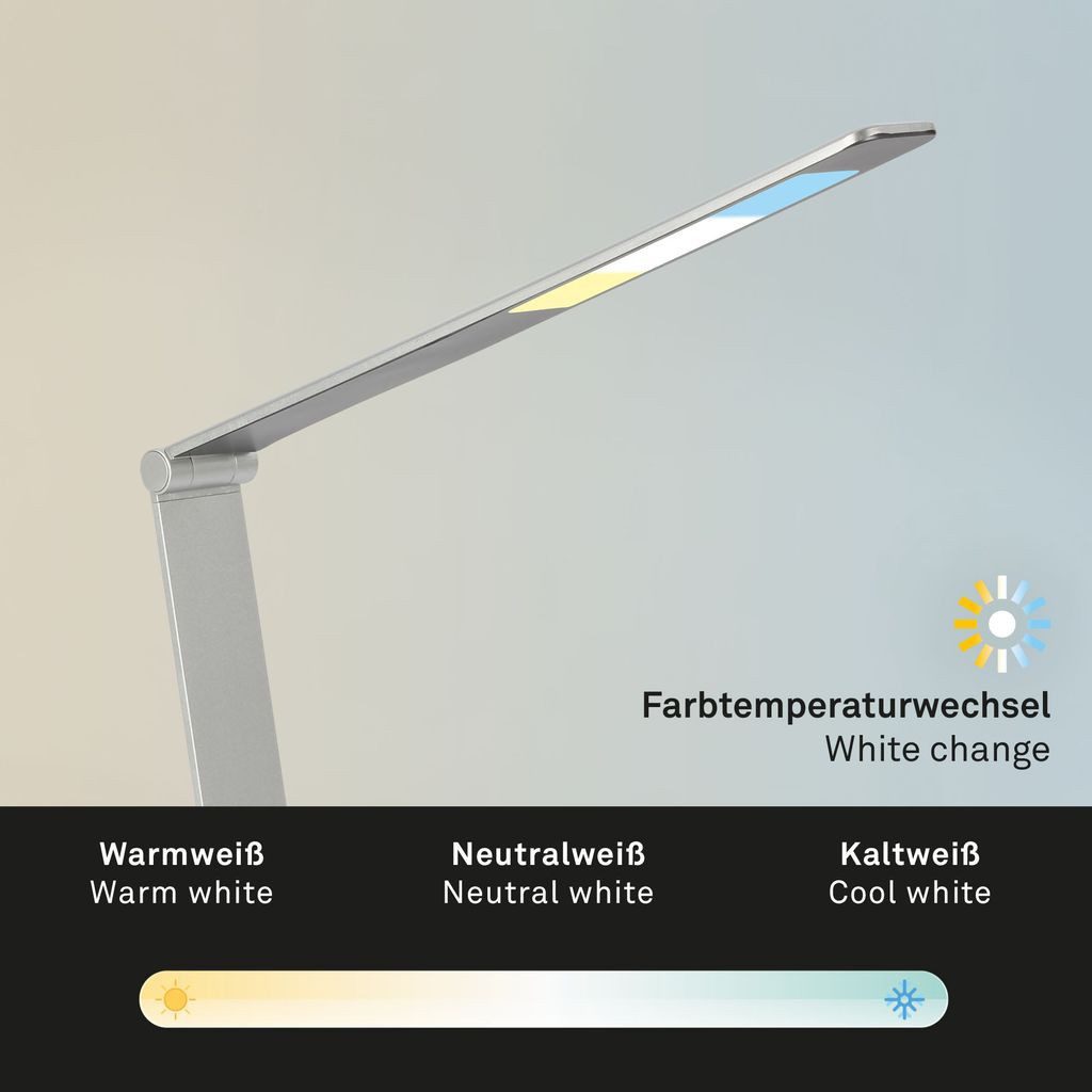 Briloner Leuchten Tischleuchte 7414014, Dimmfunktion, LED fest integriert, CCT Farbtemperatursteuerung - Warmweiß / Neutralweiß / Kaltweiß, Tischlampe, 83x20cm, Silber, 6,5W, Leselampe, Schreibtisch, Büro
