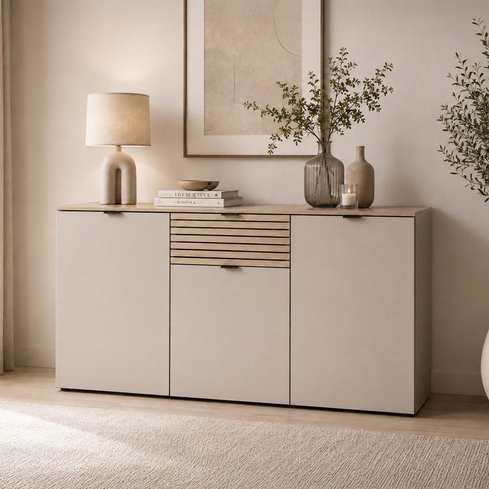 Lomadox Sideboard ISCHIA-36, in Beige mit Eiche, 180 cm breit, Softclose
