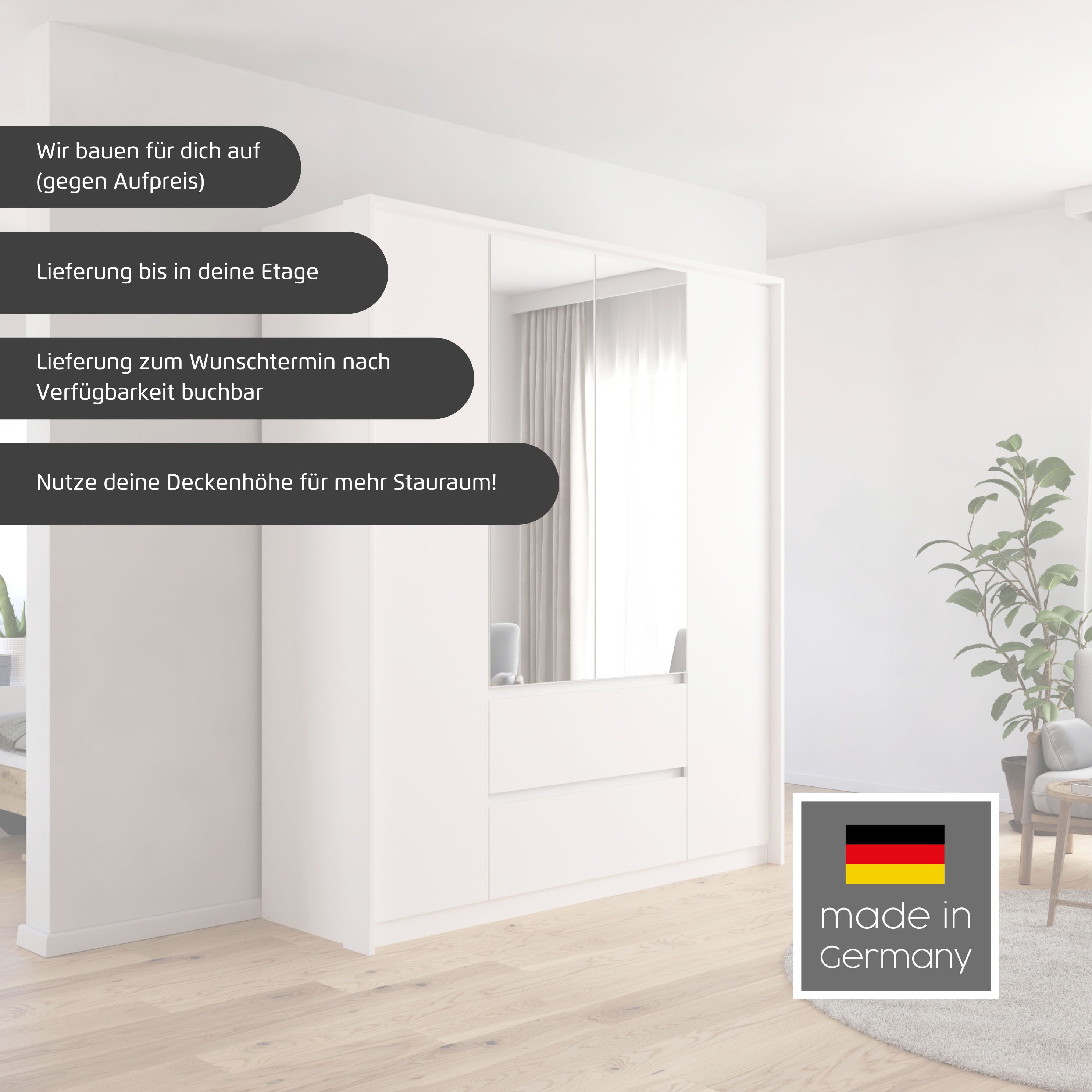 rauch Drehtürenschrank Schrank Garderobe MAINZ Breiten 91/136/181/226/271/315/360, Höhe 210cm (3 verschiedene Ausstattungen BASIC/CLASSIC/PREMIUM (inkl. SOFT-CLOSE) grifflose Front, Außentüren mit Push-to-Open Funktion MADE IN GERMANY