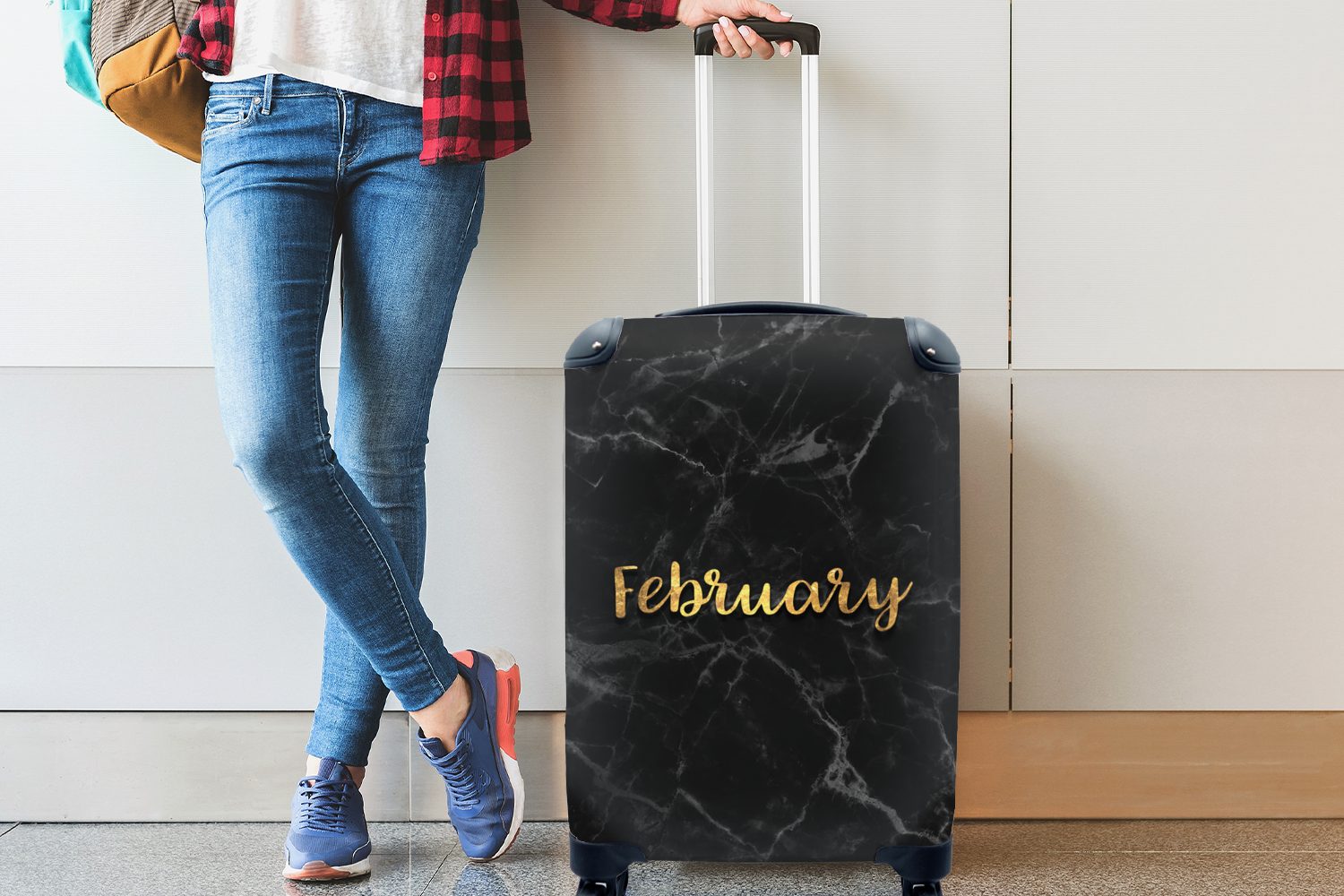 MuchoWow Reisetasche rollen, Handgepäck mit Februar - - 4 Rollen, Trolley, Ferien, für Handgepäckkoffer Kalender Marmor, Gold Reisekoffer -