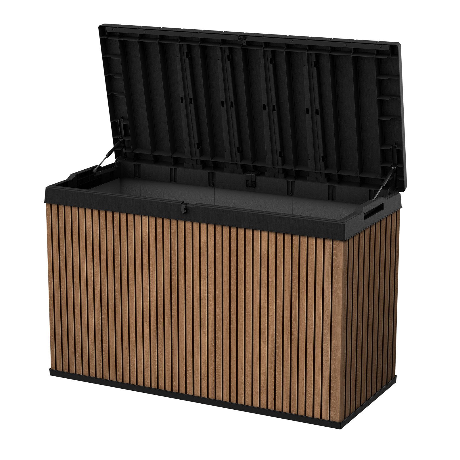 Keter Gartenbox Darwin Signature, 667 Liter, Braun, Deckel bis 300kg belastbar, Aufbewahrungsbox in moderner Lamellen-Holzoptik