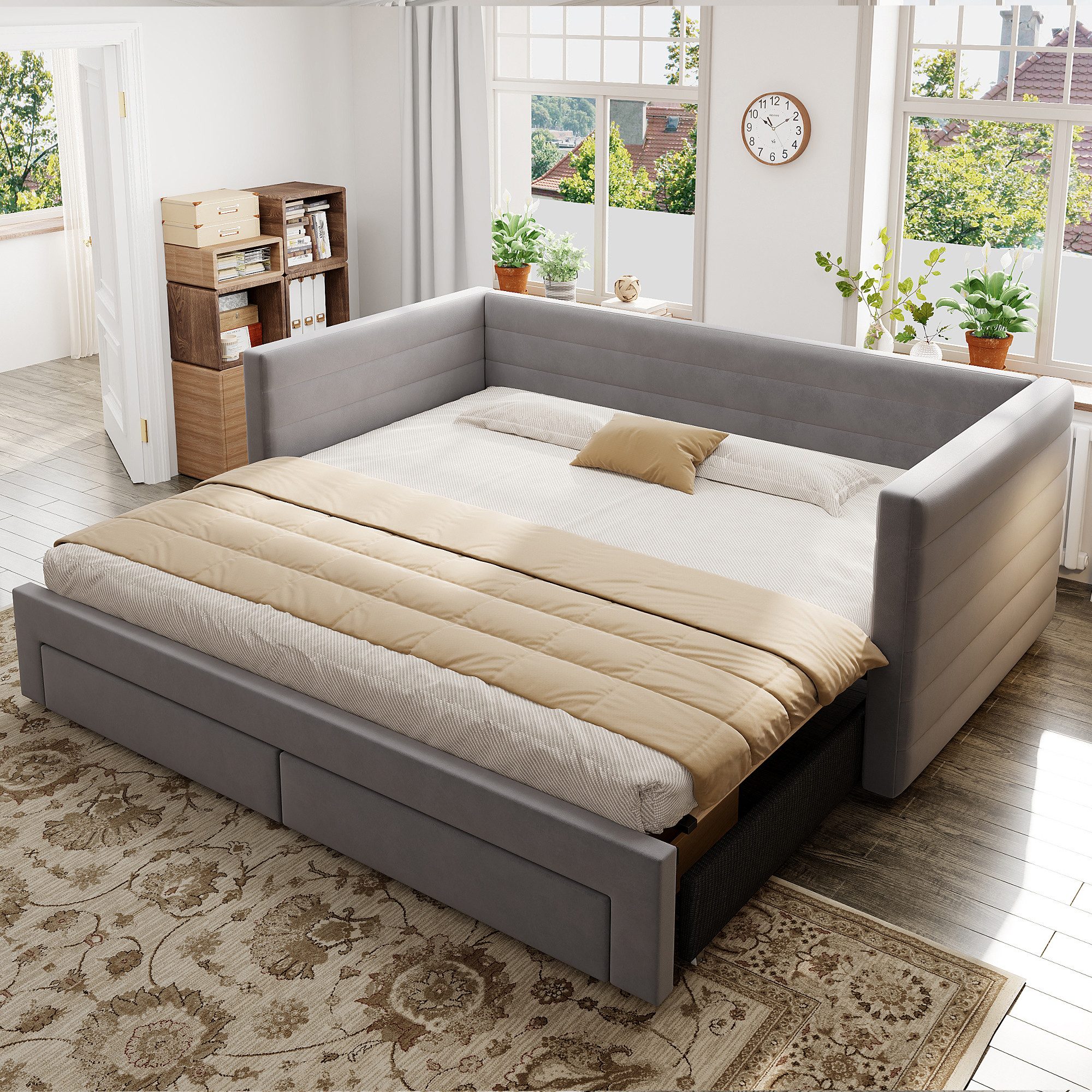 Flieks Daybett, Polsterbett Schlafsofa mit Ausziehbett 90/180x190cm mit 2 Schubladen