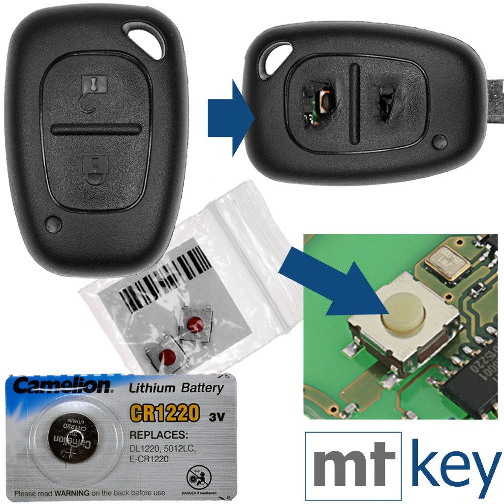 mt-key Reparatur Satz Ersatz Gehäuse 2 Tasten + 2X Mikrotaster + 1x CR1220 Knopfzelle, CR1220 (3 V), für OPEL Movano Renault Kangoo Trafic II Funk Fernbedienung