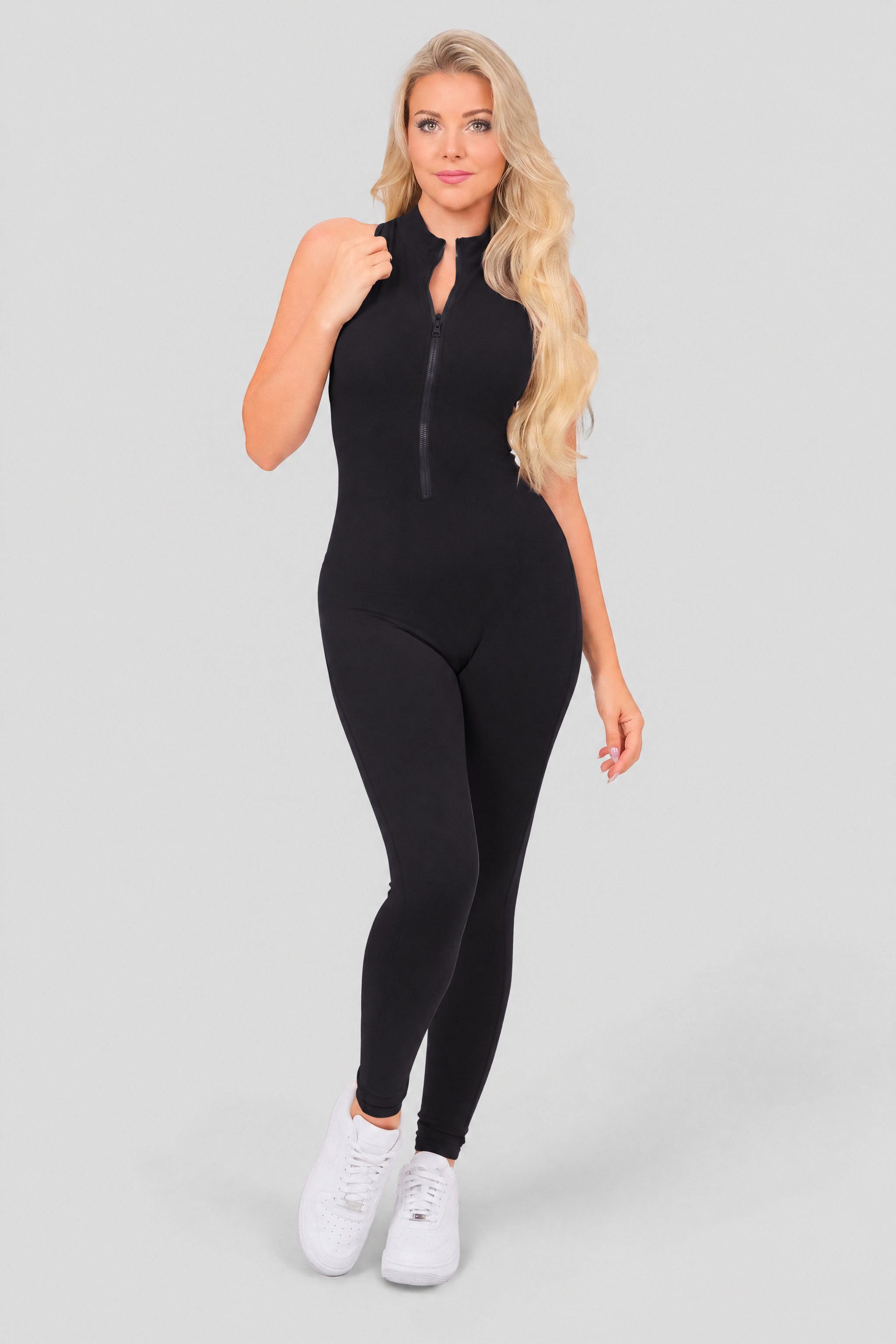 FemmeTone Turnanzug Damen Sport-Overall Jumpsuit ärmelloser Einteiler mit Reißverschluss, Elastische Sportbekleidung – ideal für Yoga, Fitness und Workout