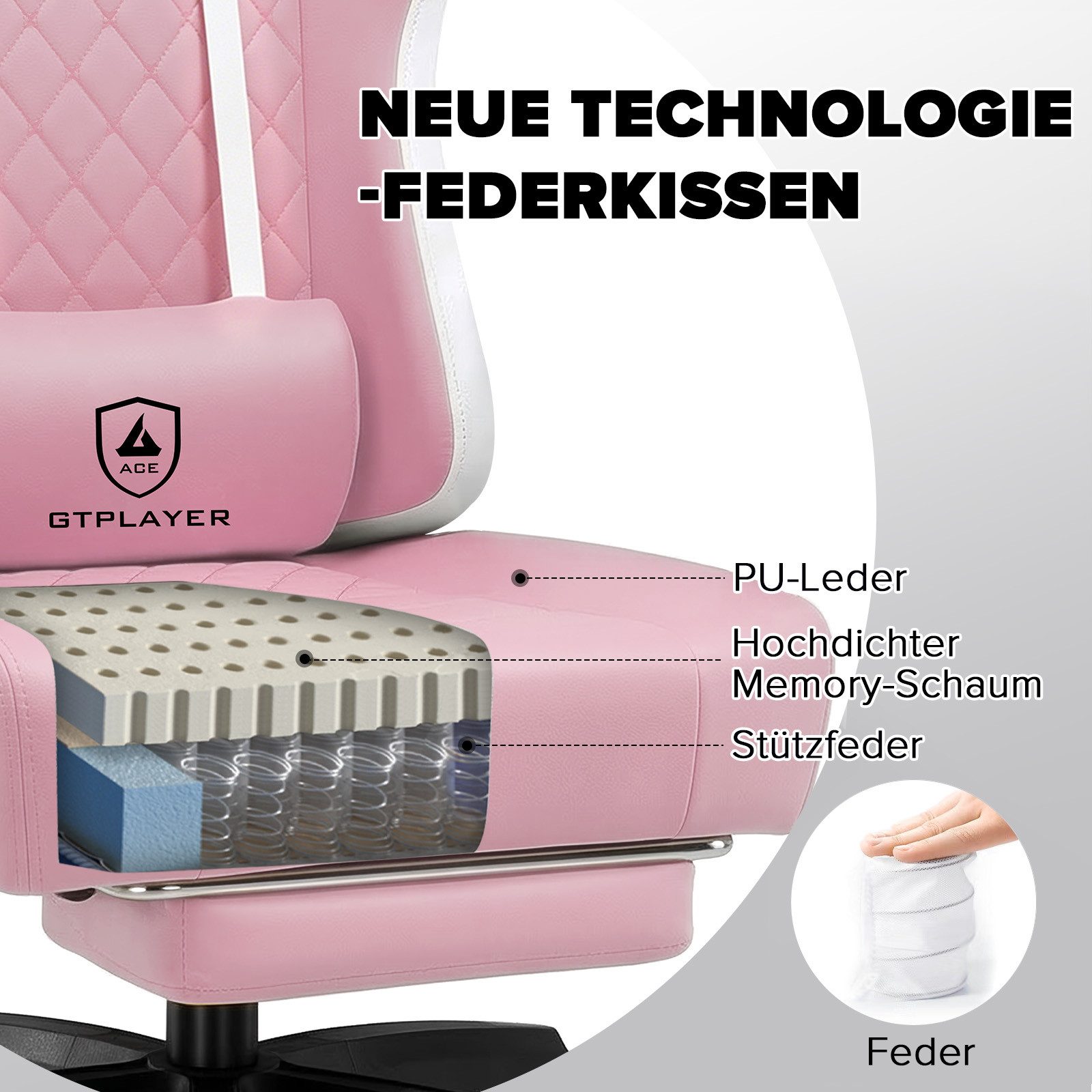GTPLAYER Gaming-Stuhl Ergonomischer Gaming Sessel Schreibtischstuhl aus Stoff/Kunstleder (Pacekung), Federsitzkissen mit Fußstütze