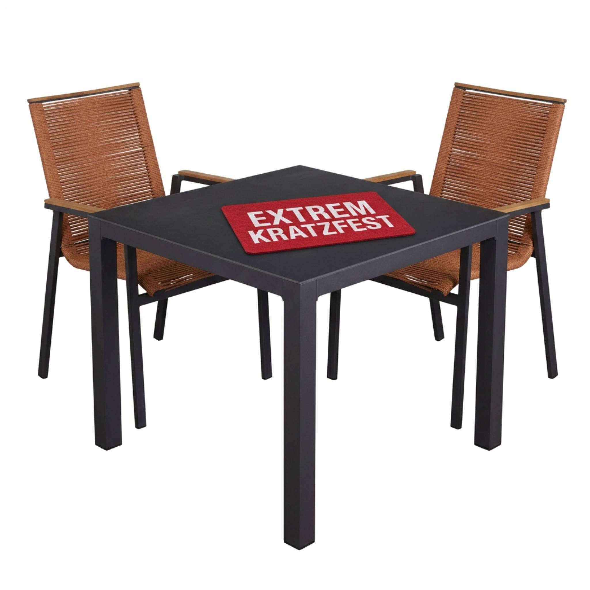 MR.DEKO Garten-Essgruppe Diningsessel Alicante stapelbar in terracotta mit Tisch Tarifa 90x90cm, (Balkonset bestehend aus 1 Tisch + 2 Gartenstühlen), Tischplatte aus gesintertem Stein kratzfest & wetterfester Rahmen