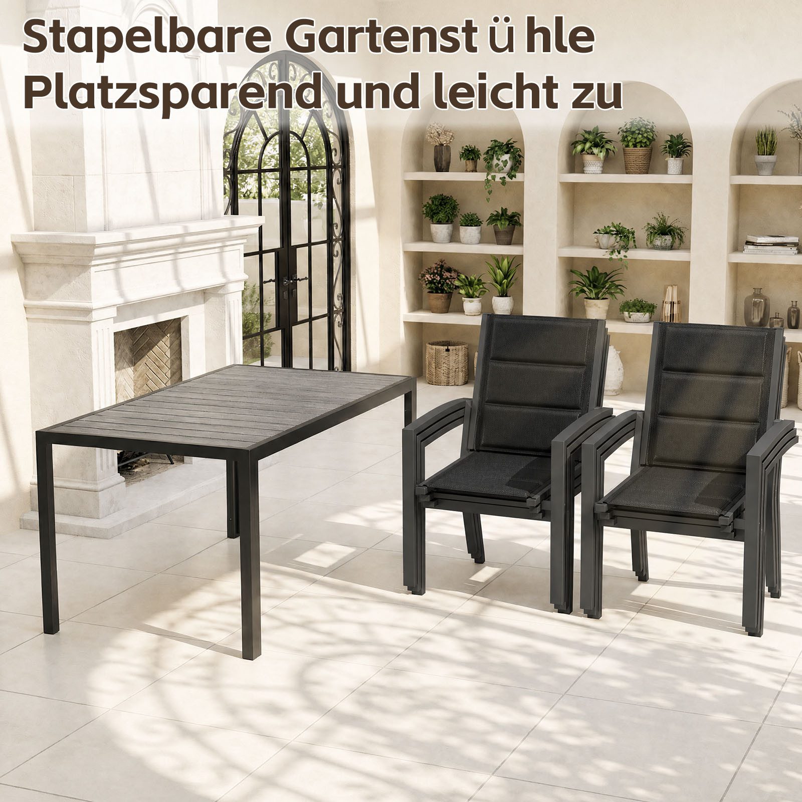 HOMALL Garten-Essgruppe 150/180cm Holzoptik Aluminiumtisch und Gartenstühle mit armlehnen, (7-tlg), Stapelbare Gartenstühle bis 160kg, rostfreier Aluminiumtisch – Bild 5 von 5