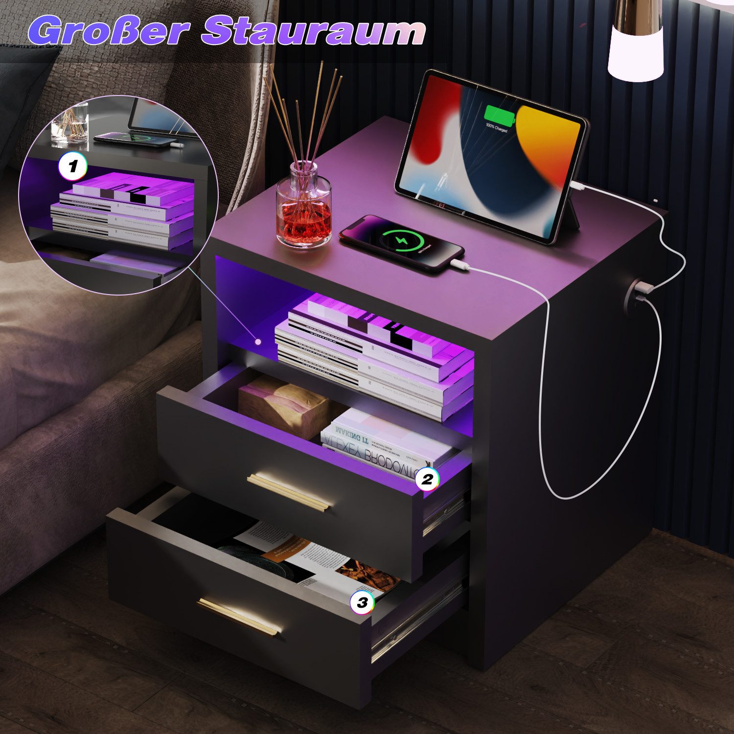 oyajia Nachttisch Nachtschrank mit 2/3 Schubladen, Beistelltisch mit Ladestation und LED (1-st RGB Nachttisch mit Schubladen und Ladestation), Nachttisch mit Sc – Bild 5 von 5