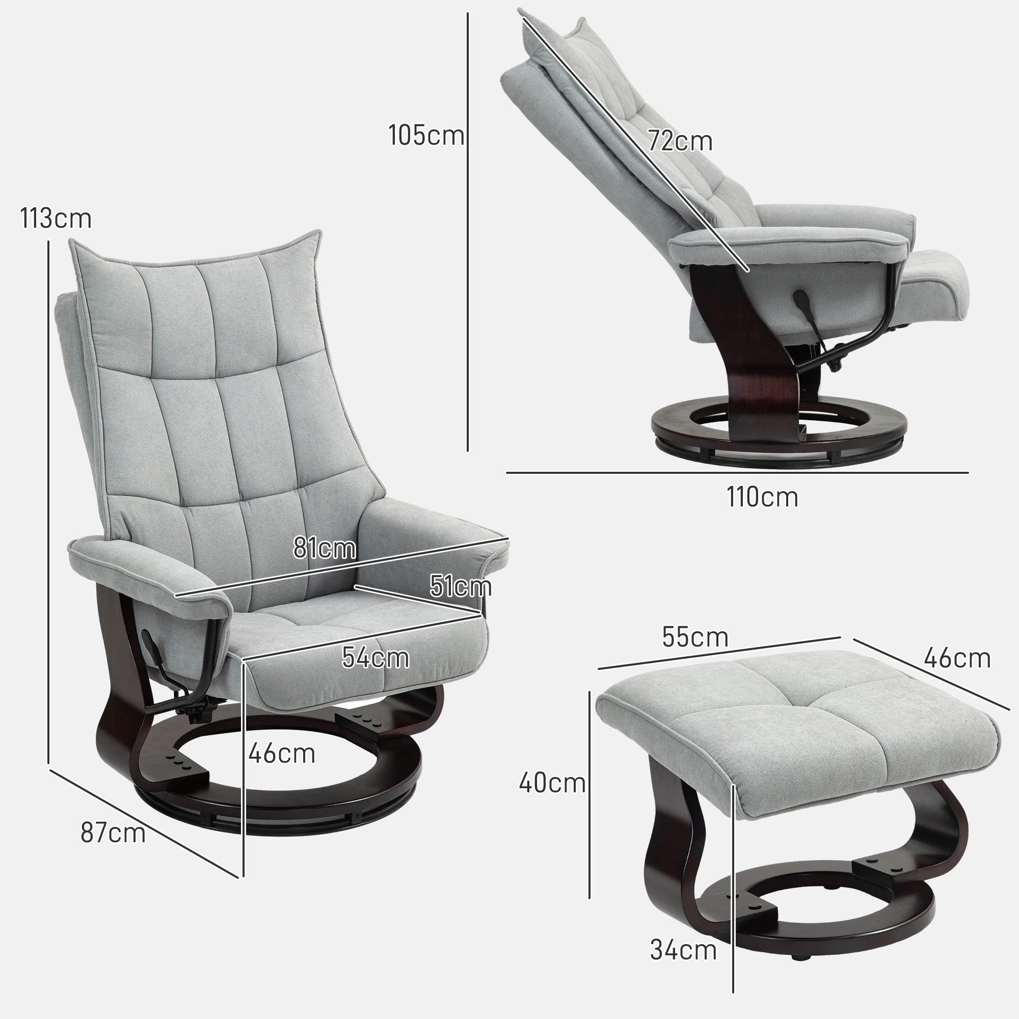HOMCOM Relaxsessel mit Liegefunktion, Wippfunktion (Drehbar Fernsehsessel, 2-St., Liegesessel), Samtoptik, für Wohnzimmer, Schlafzimmer, Grau