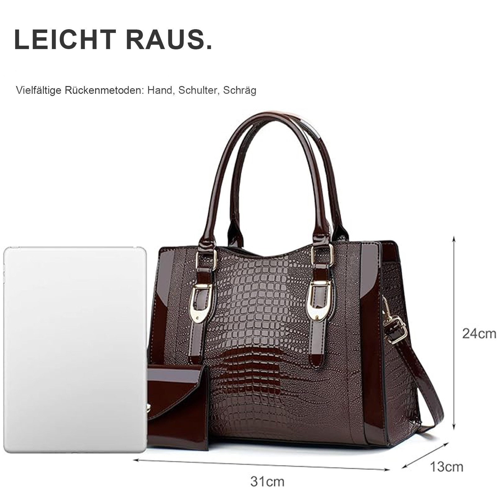 OKWISH Henkeltasche Schultertasche Tragetasche Handtasche Umhängetasche (2-in-1-Set aus Handtasche und Geldbörse, 2-tlg., mit Fächern für Handy Schlüssel und Kosmetik), stilvollem Design für Alltag Reisen und besondere Anlässe