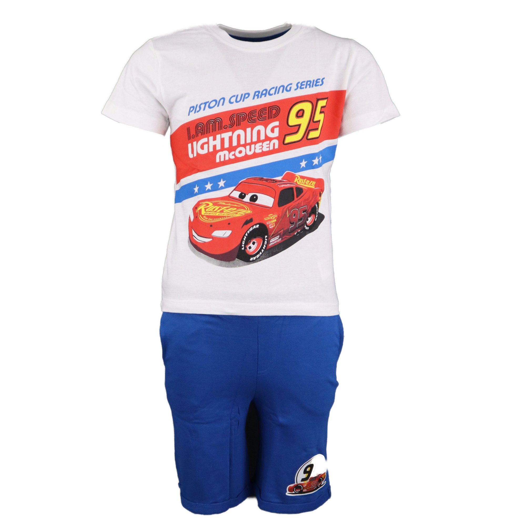 Disney Cars Print-Shirt Lightning McQueen Jungen Sommer Set Shirt plus Shorts Gr. 98 bis 128, 100% Baumwolle Weiß