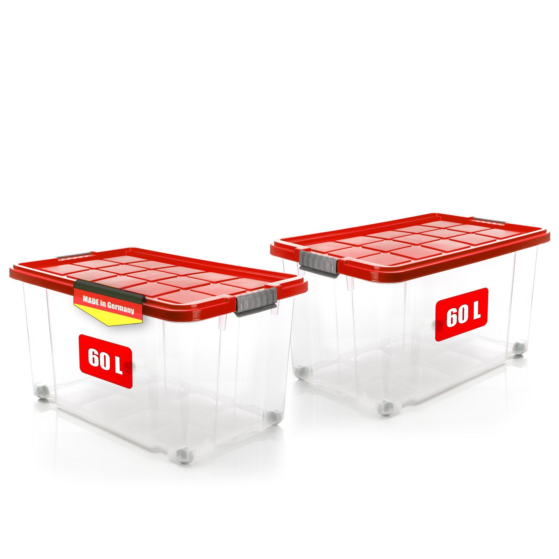 BigDean Aufbewahrungsbox 2x 60 L Aufbewahrungsbox mit Deckel + Rollen rot Stapelbox