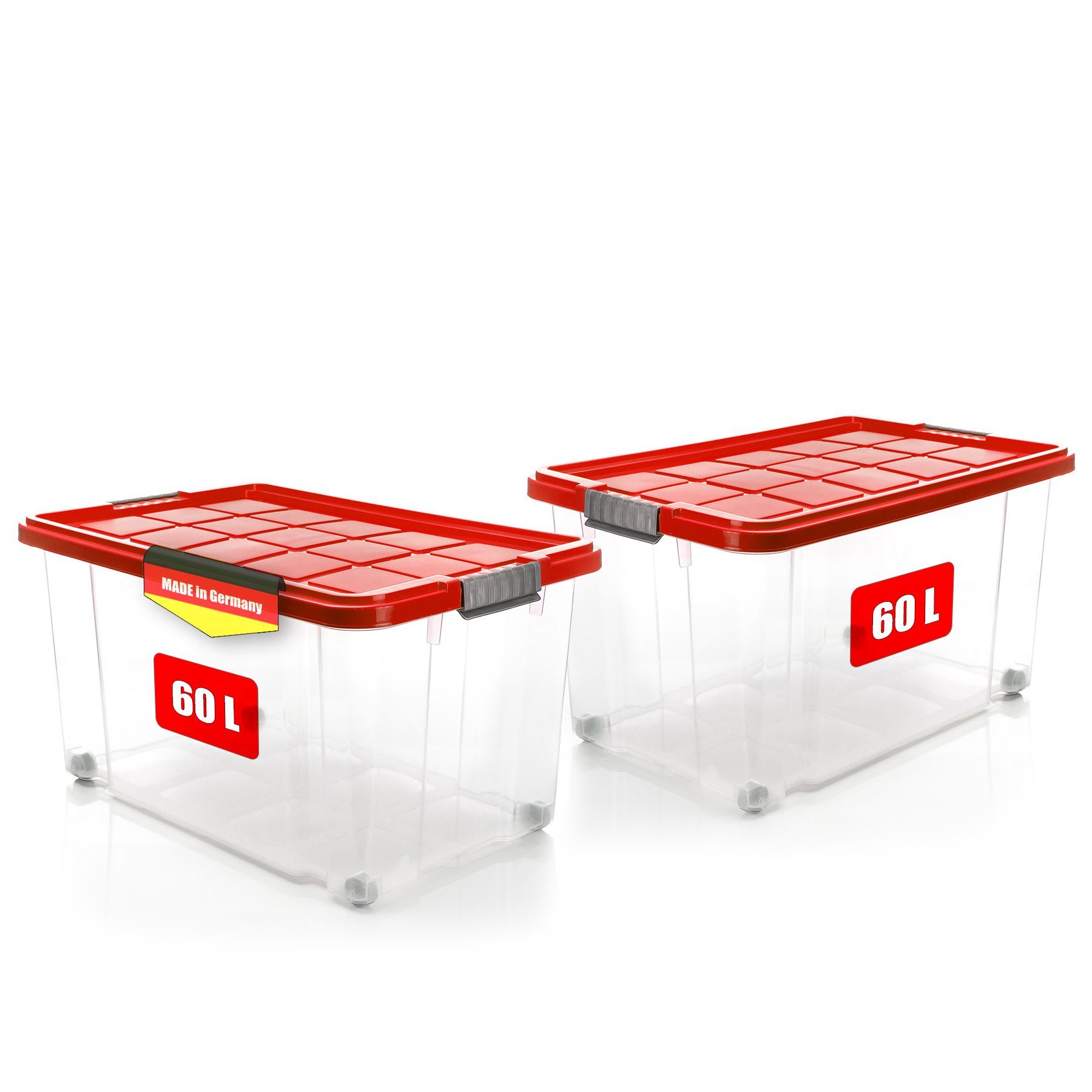 BigDean Aufbewahrungsbox 60 L mit Deckel groß – robuste Stapelbox rollbar mit Klickverschlüssen (Set, 2 St., Aufbewahrungsbox + Deckel + Rollen), Sicher Stapelbar, Platzsparend, Transparent, Rollen, Klickverschlüsse
