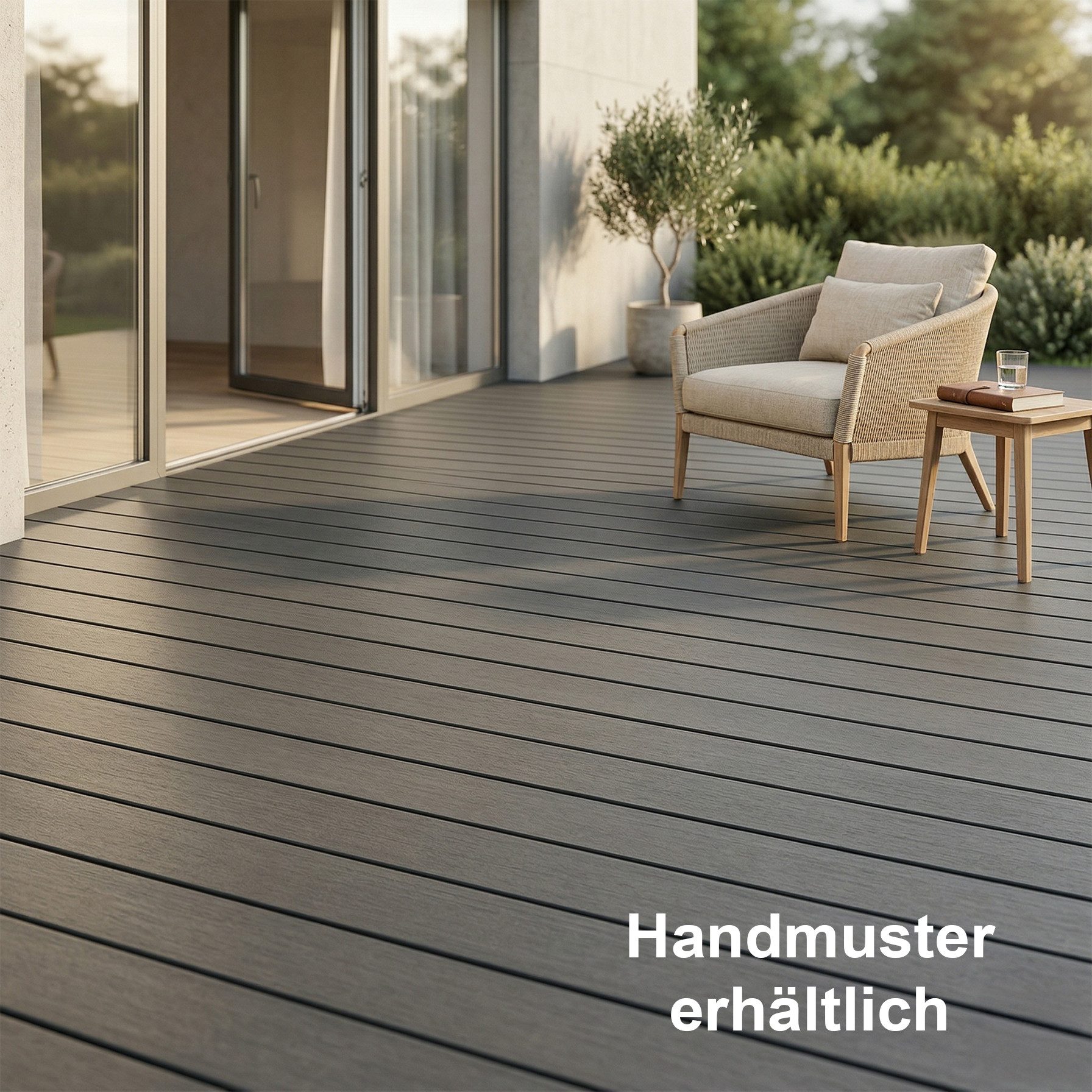Woodstore24 Terrassendielen WoodoRhodos WPC Diele für Terrasse und Balkon mit Clipsystem, (Bodenbelag Komplettset mit Unterkonstruktion, Clip-Befestigung, 2,4m L x 12cm B x 2cm Stärke, in grau, anthrazit oder braun), Holzoptik, Klicksystem, Außenbereich, Gastronomie geeignet, wetterfest