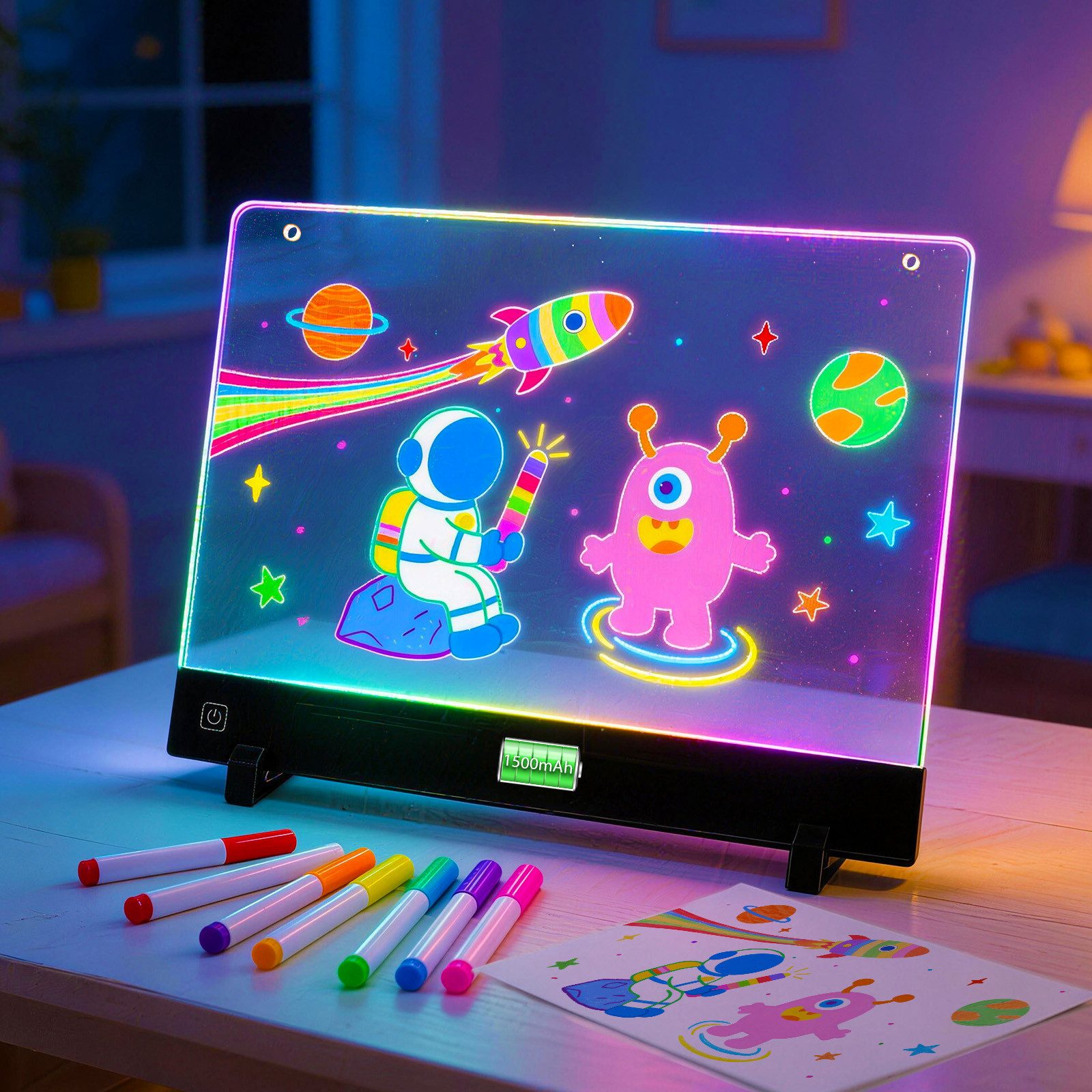 ANYSUN Memoboard LED-Zeichenbrett für Kinder, 1500mAh wiederaufladbares LED Maltafel, (35x26 cm, 1-tlg., 5mm Acryl Doodle mit Farben Stift & Story-Papier, Ständer & Hängekette), Leuchtendes Notiztafel mit 4 Lichtmodi Geschenk für Mädchen/Teenager