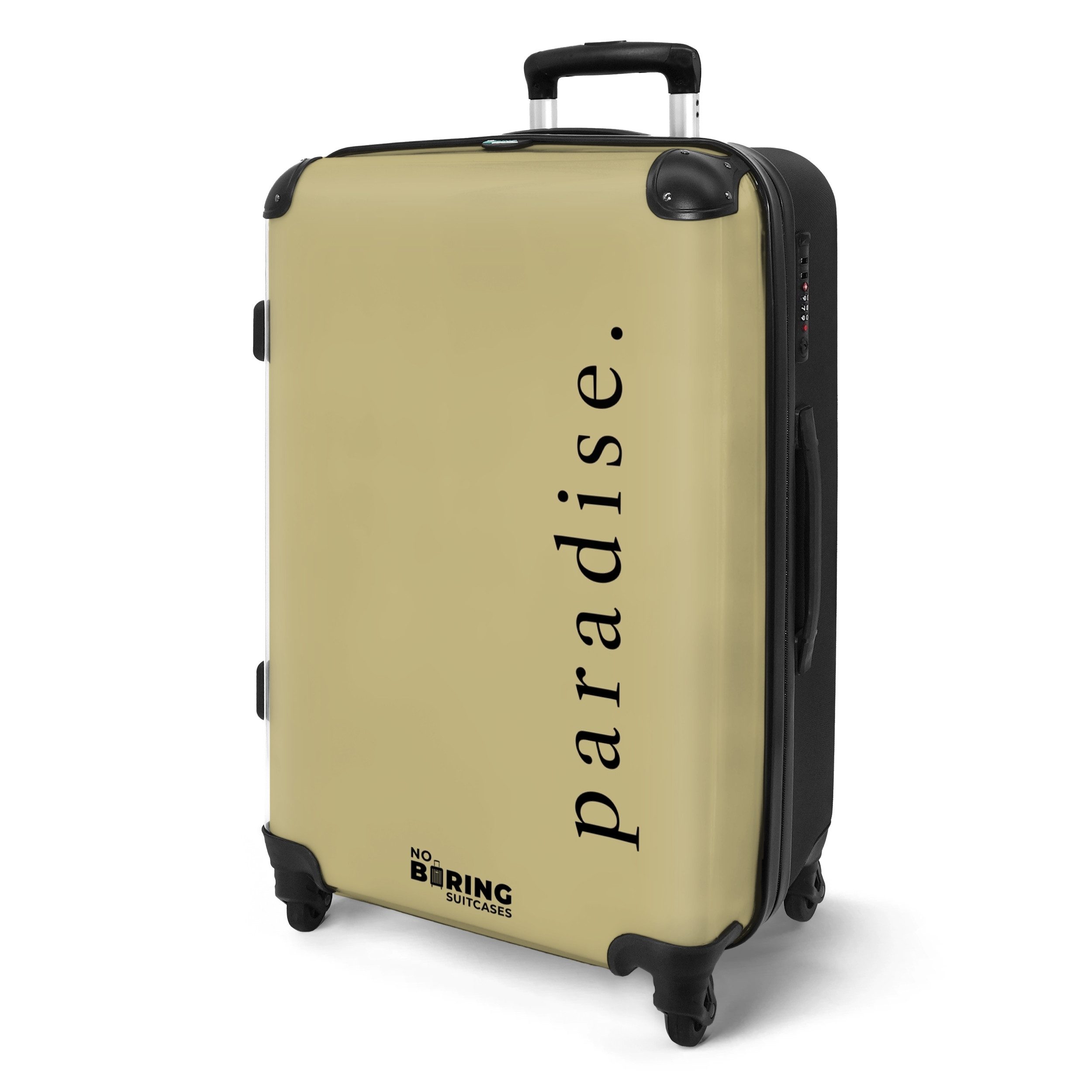 NoBoringSuitcases.com© Hartschalen-Trolley Grün mit Zitat 'Paradies' günstig online kaufen
