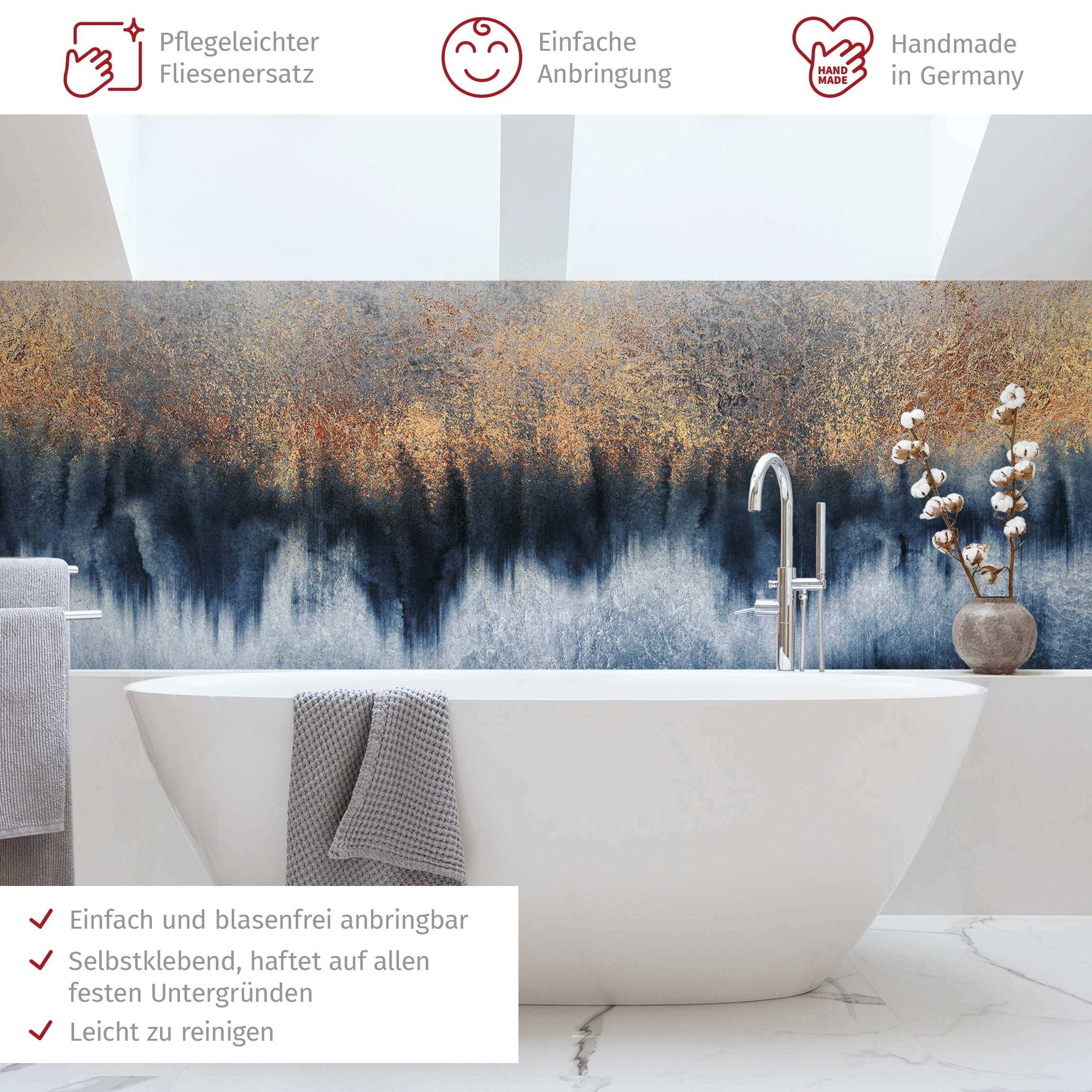 Bilderdepot24 Badrückwand gold fugenlose Wandverkleidung Bad Abstrakt, (Hartfolie matt » Selbstklebend SMART 0,35 mm), wasserfestes Wandpaneel Goldener Horizont