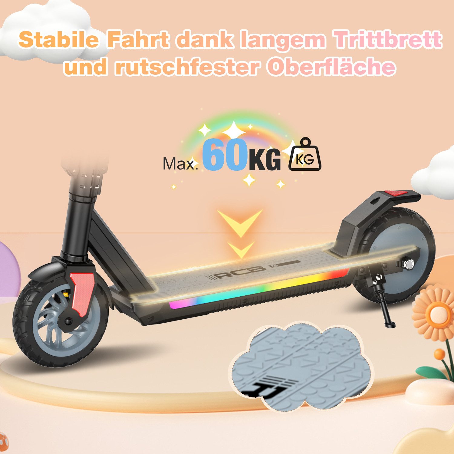RCB Elektro-Kinderroller R12 PRO mit verstellbarer Höhe, 7-Zoll-Vollgummireifen, klappbar, LED, Belastbarkeit 60 kg, Faltmechanismus mit zwei Sicherheitsverriegelungen