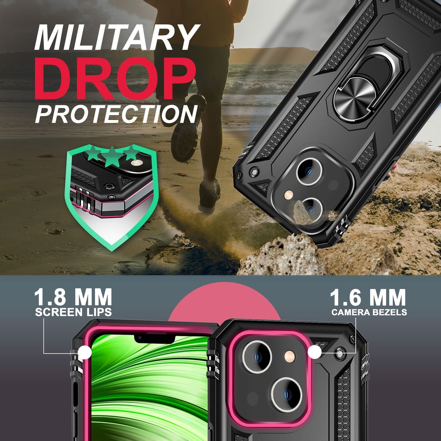 Nalia Smartphone-Hülle Apple iPhone 14 Plus 17 cm (6,7 Zoll), Stoßfeste Military-Style Ring Hülle / Extrem Schützend / Outdoor Case