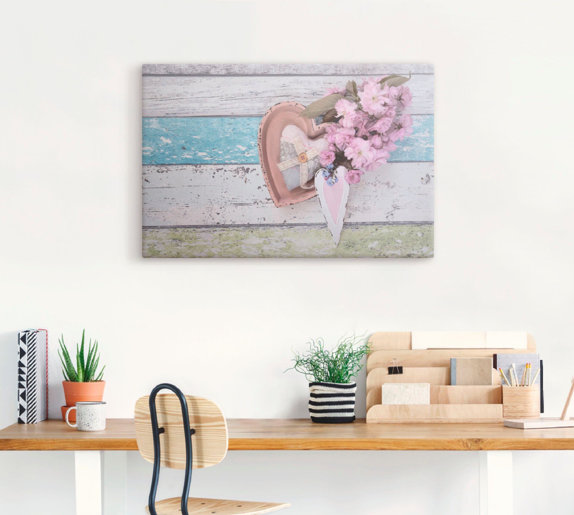 Artland Leinwandbild Stillleben mit Kirschblüten und Herzen, Arrangements (1 St), auf Holzrahmen gespannt