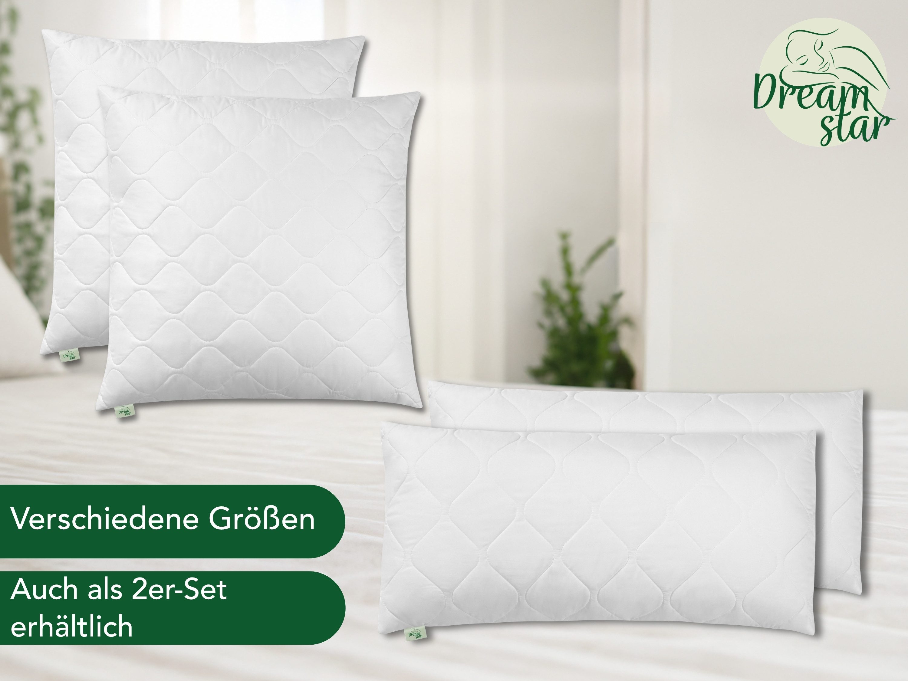 Dreamstar Microfaserkissen Kopfkissen - einzeln & 2er Set - 40x80 & 80x80 cm - weich & fest, Füllung: 100% Polyester, Seitenschläfer, Bauchschläfer, Rückenschlä – Bild 2 von 5