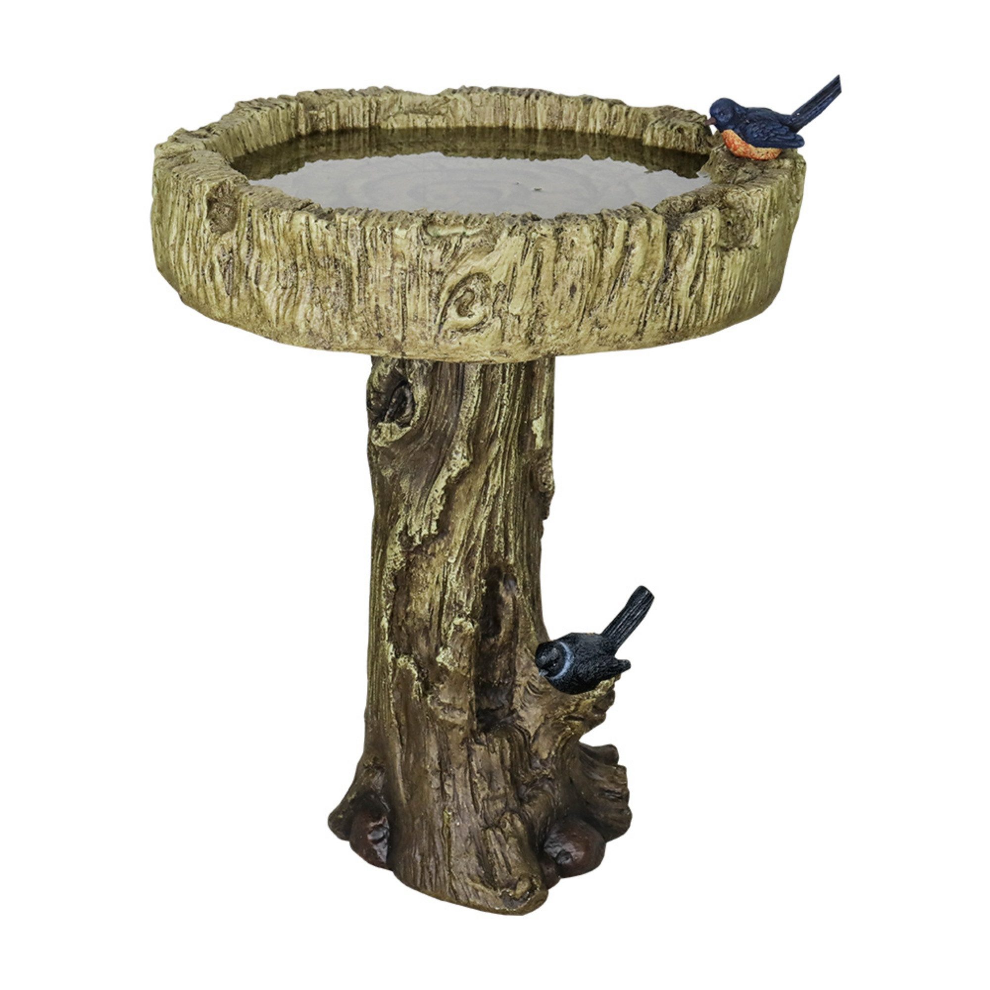 autolock Vogeltränke Vogelbad aus Beton in Holzoptik mit dekorativem Kunstvogel, Höhe 62 cm x Durchmesser 46 cm für Gärten & Innenhöfe