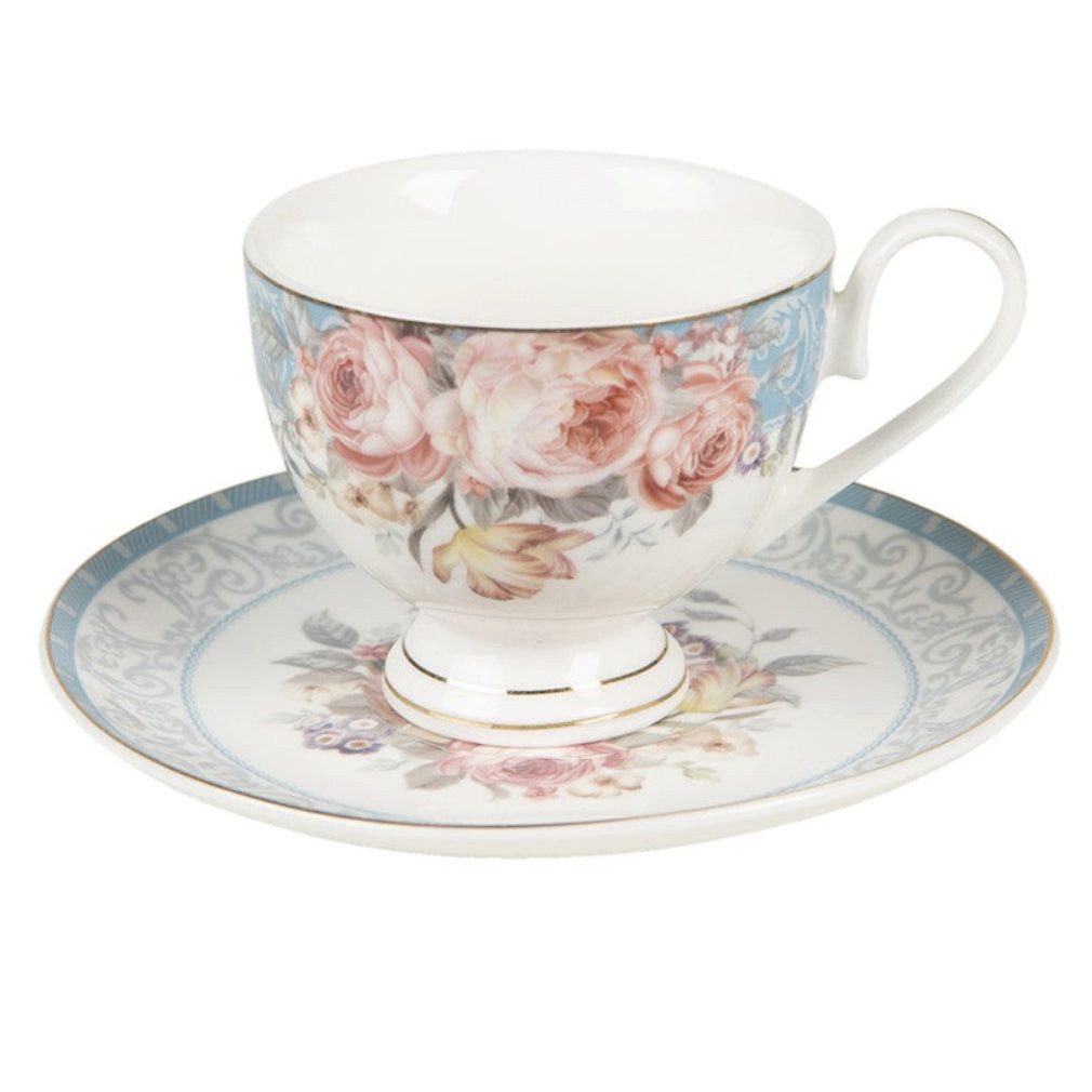 Clayre & Eef Tasse Zauberhaftes Set Tasse mit Untertasse Blumenmotiv, Zauberhaftes Set Tasse mit Untertasse Blumenmotiv