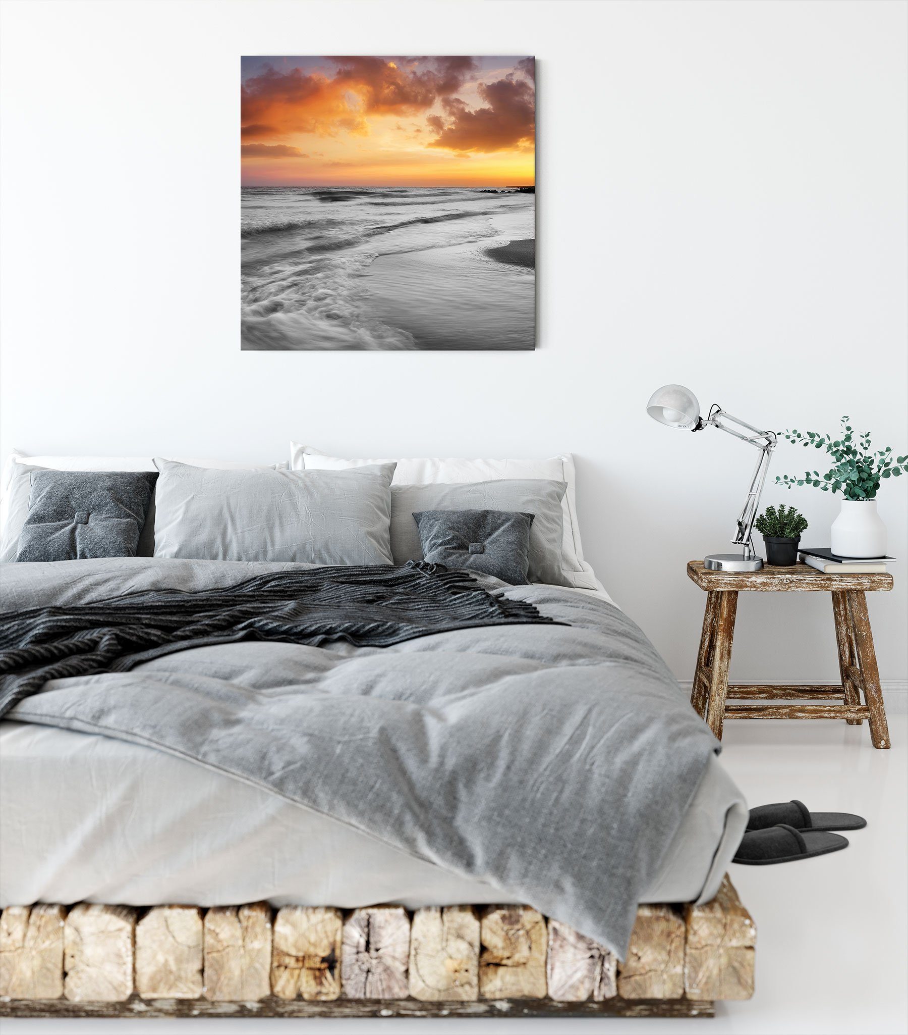 Pixxprint Leinwandbild mit mit Zackenaufhänger St), inkl. fertig Sonnenuntergang Sonnenuntergang, Leinwandbild Strand Strand bespannt, (1