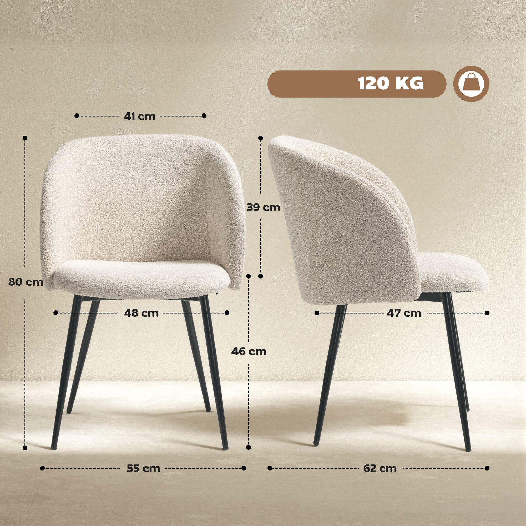 HOMCOM Esszimmerstuhl Küchenstuhl mit Rückenlehne, Lammwoll-Optik, modern Polsterstuhl (2er Set Esszimmerstühle, 2 St), Stühle für Esstisch Esszimmer, Cremeweiß – Bild 3 von 5
