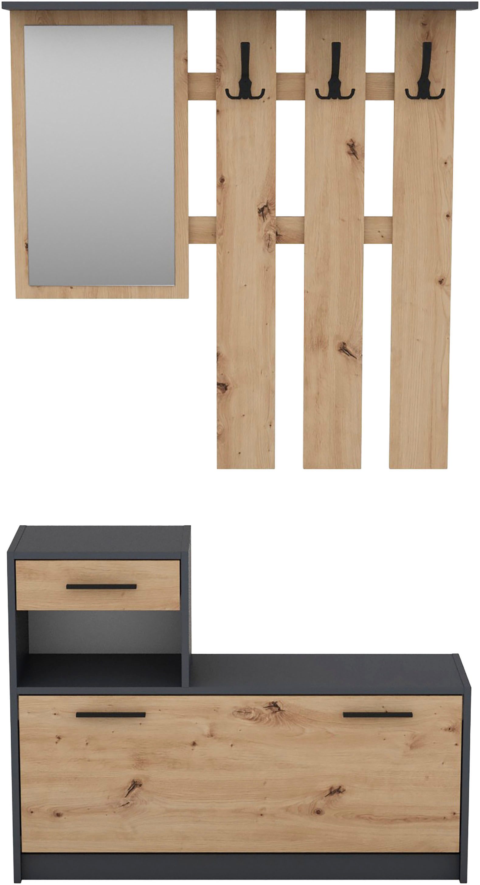byLIVING Garderoben-Set TAMINA, Artisan Eiche (Eiche-Optik), Spiegel, Hutablage, Stauraum für Schuhe