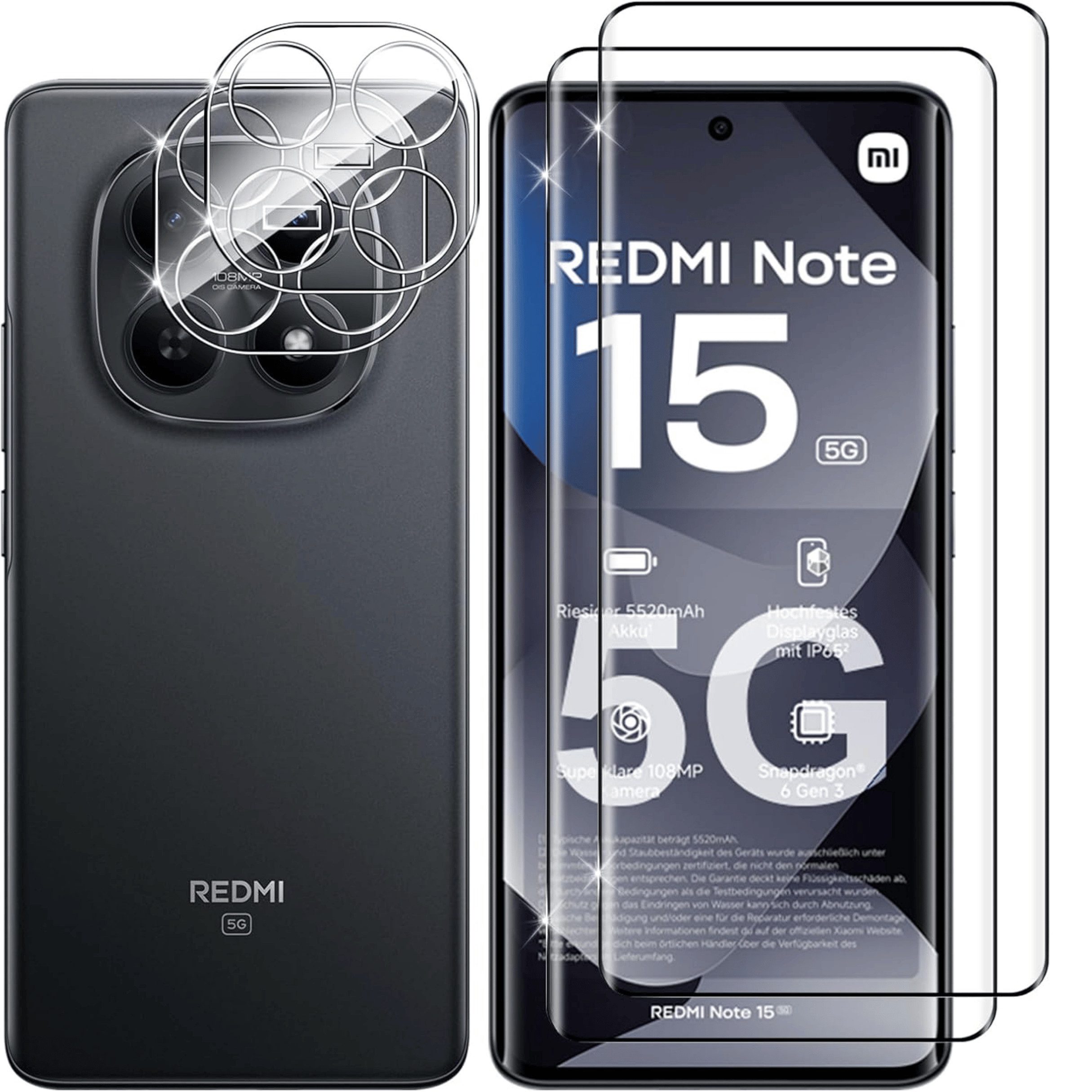 SmartUP Displayschutzglas 2X Schutzglas für Xiaomi Redmi Note 15 5G Display Kamera Panzerfolie für Xiaomi Redmi Note 15, 4 Stück, Rundumschutz, passgenaue Verarbeitung