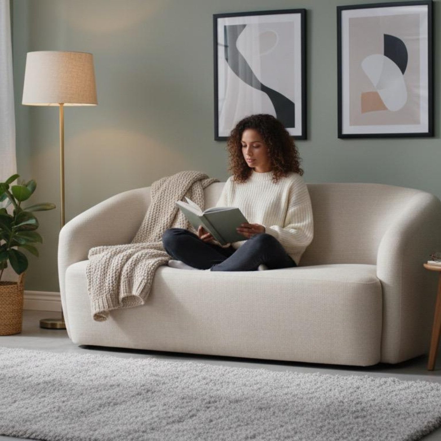 MR.DEKO Loungesofa Lounge Sofa Loconia – 2,5-Sitzer, 170x76x89 cm, beige, skandinavisch, 2,5-Sitzer Sofa, montiert geliefert, kombinierbar mit Sessel 1 Teile, Couch mit geschwungenen Armlehnen & Komfortkissen, Strukturstoff