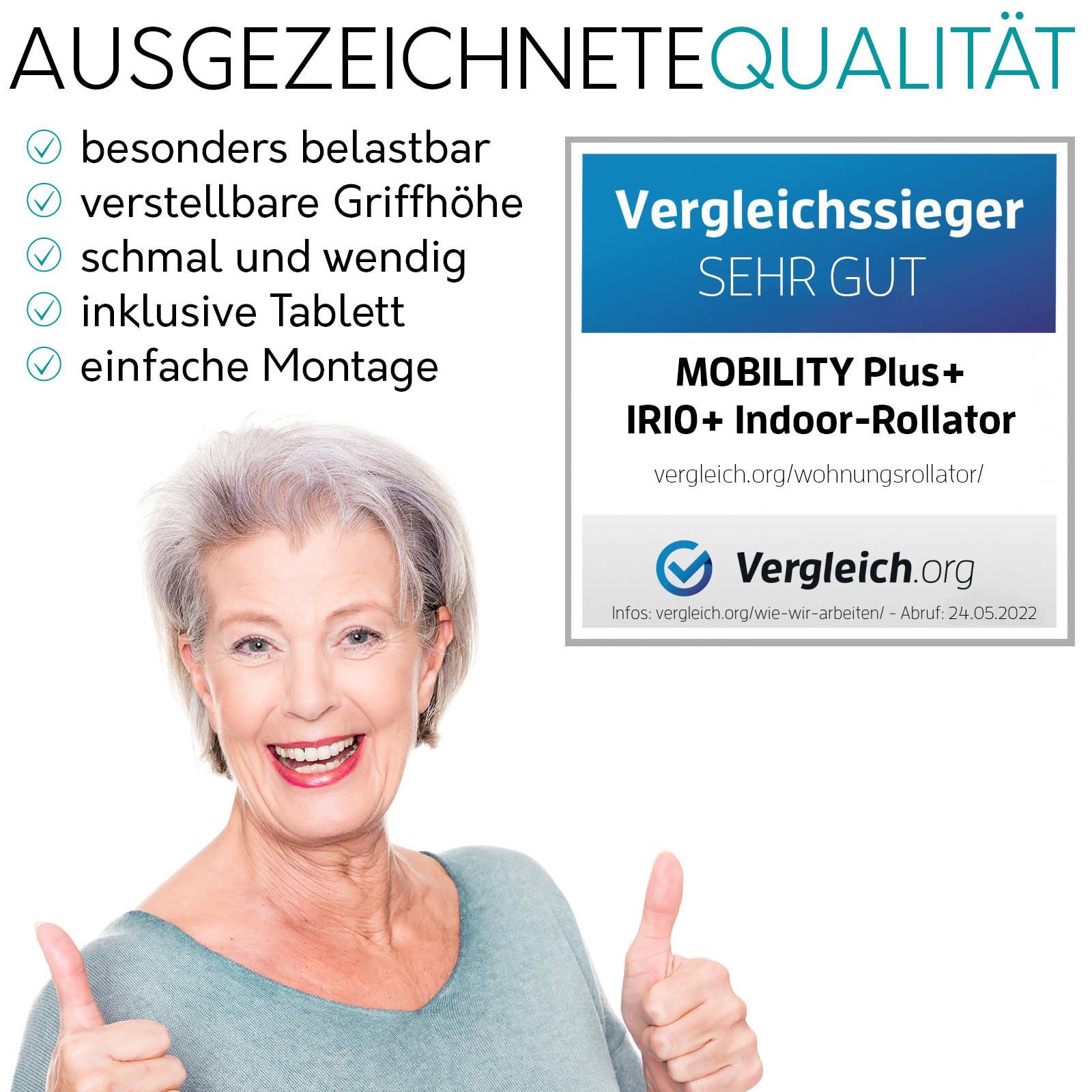MOBILITY Plus+ Rollator IR10+ - Wohnungsrollator mit Tablett, Indoor Gehwagen - Leichgewicht, schmal und kompakt, klappbar, variabel