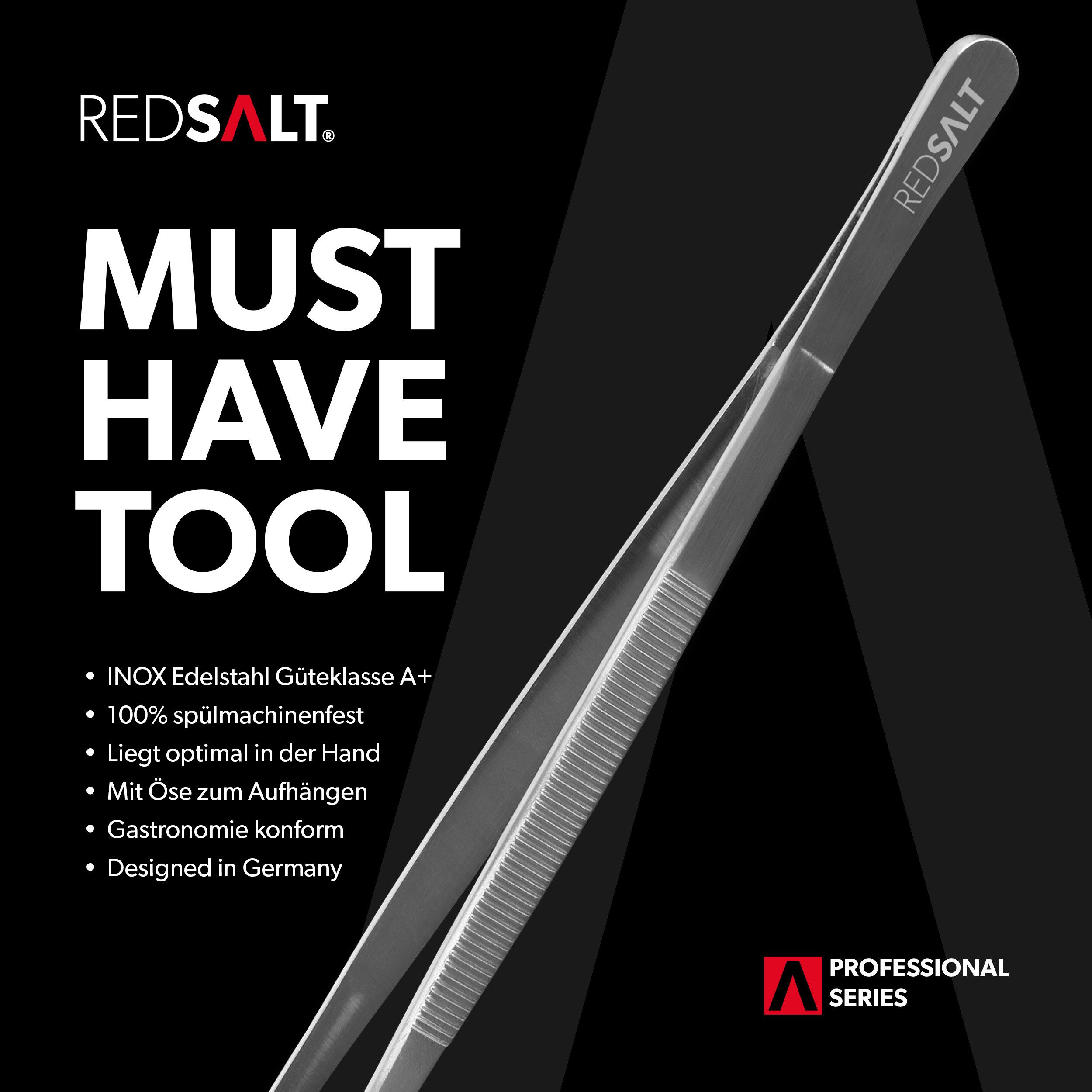 REDSALT® Kochpinzette Premium Küchenpinzette 30cm mit feiner Spitze spülmaschinenfest, Rostfreier Edelstahl in INOX 18/10 Qualität