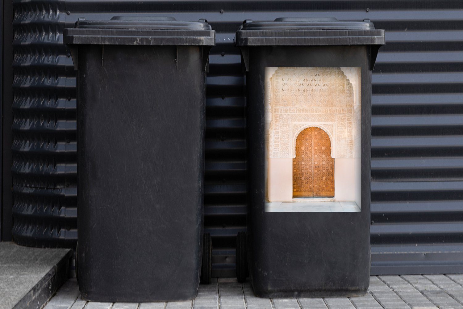Stein Abfalbehälter Sticker, - Container, Mülleimer-aufkleber, Mülltonne, - Holz - Architektur MuchoWow St), (1 Tür Wandsticker