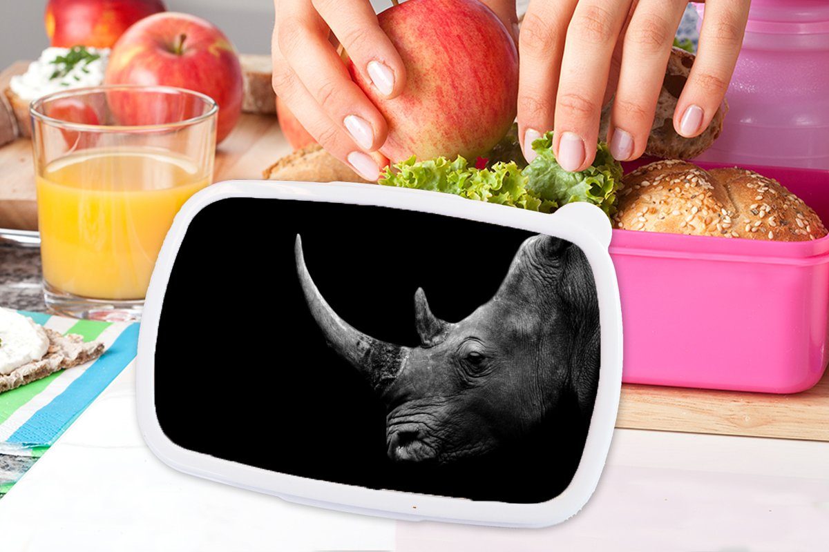 MuchoWow Lunchbox Nashorn - Erwachsene, Schwarz für Brotdose - Kunststoff - - Snackbox, Kunststoff, Weiß (2-tlg), rosa Kinder, Porträt, Tiere Mädchen, Brotbox