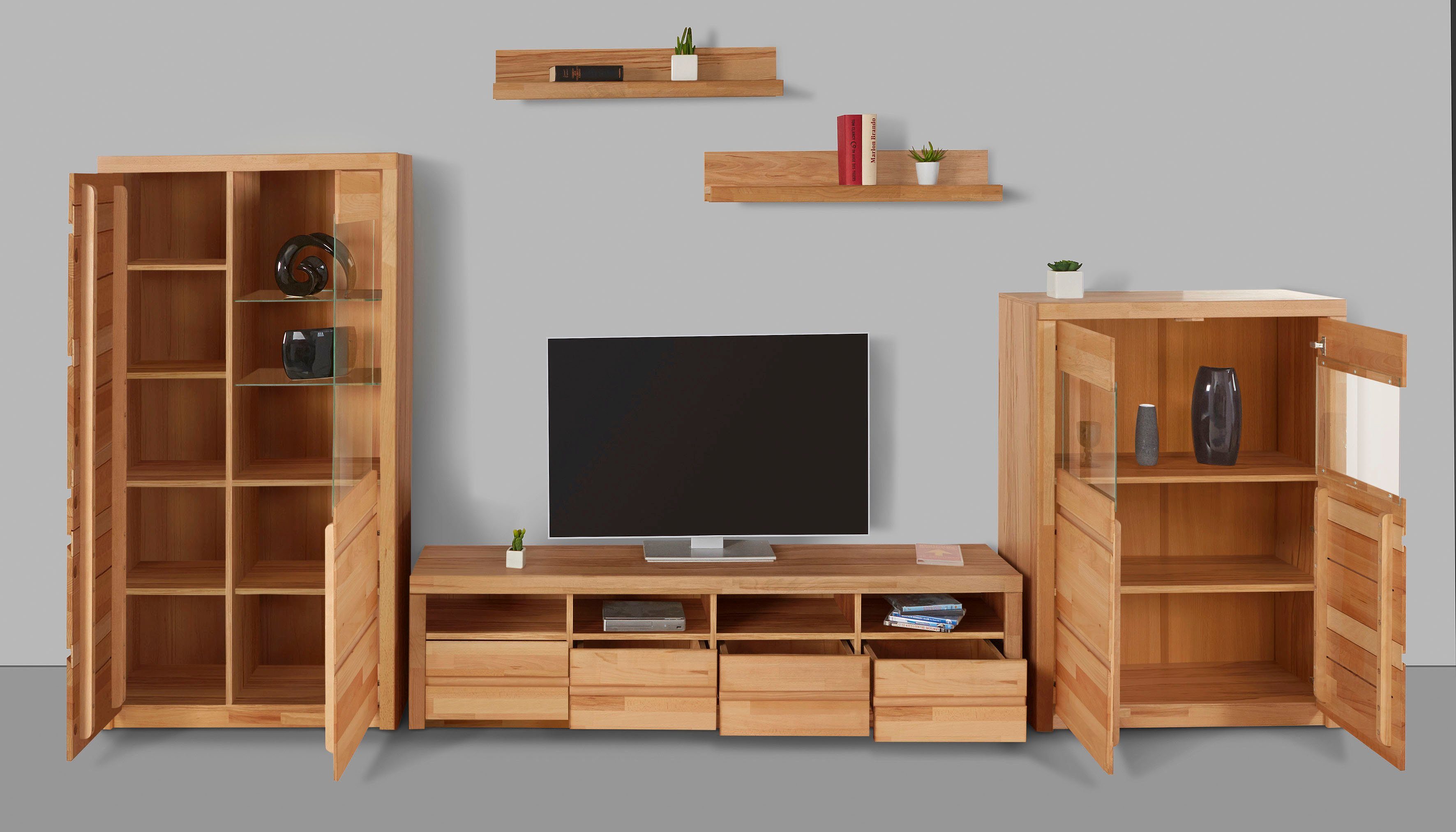 OTTO home Wohnwand Silkeborg, (Set, 5-St), teilmassiv mit schöner, griffloser Optik