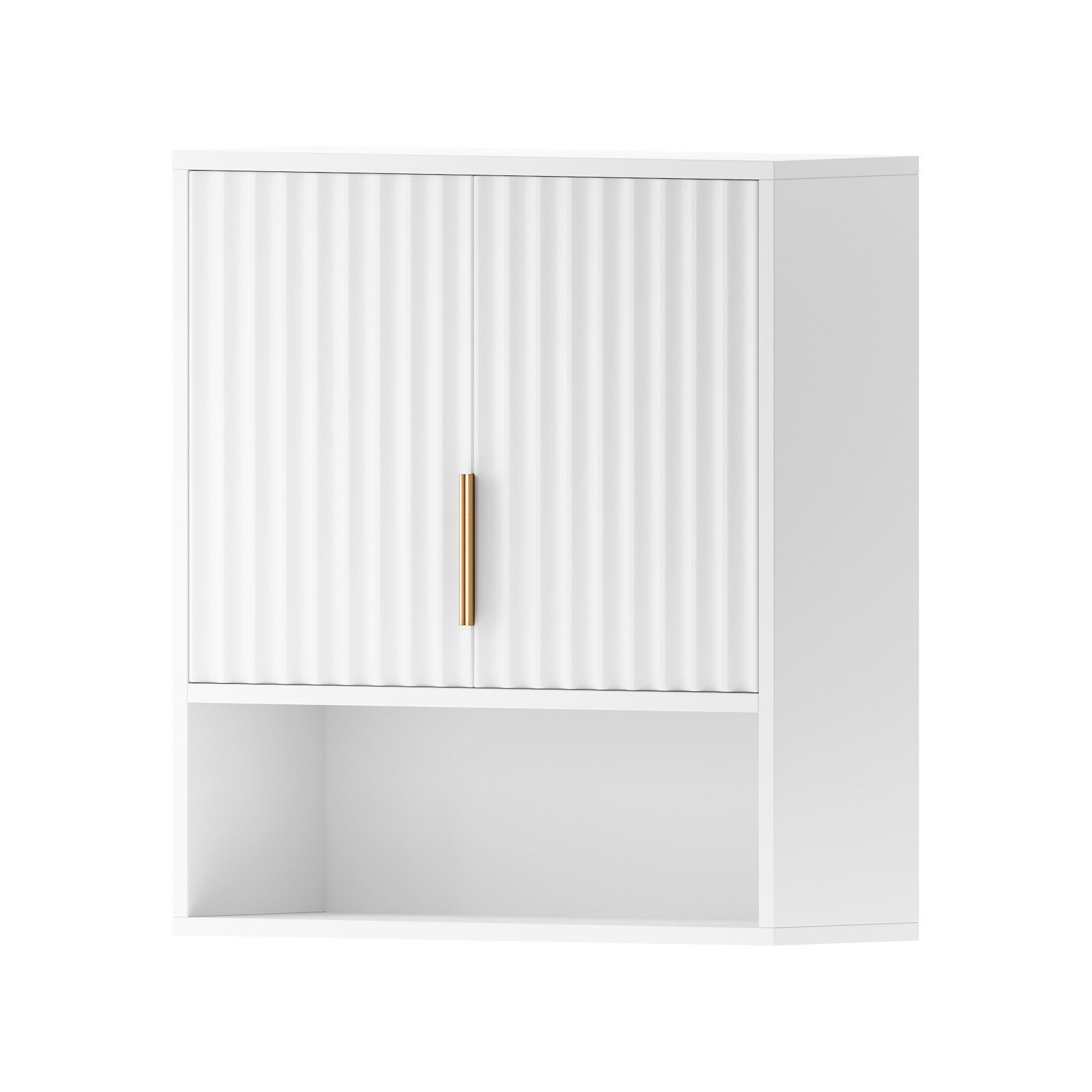Karlhome Wandhängeschrank Badezimmerschrank mit 2 Türen und offenem Fach, 58 x 20 x 62 cm, Badschrank mit verstellbarer Ablage, Wandmontage, Weiß