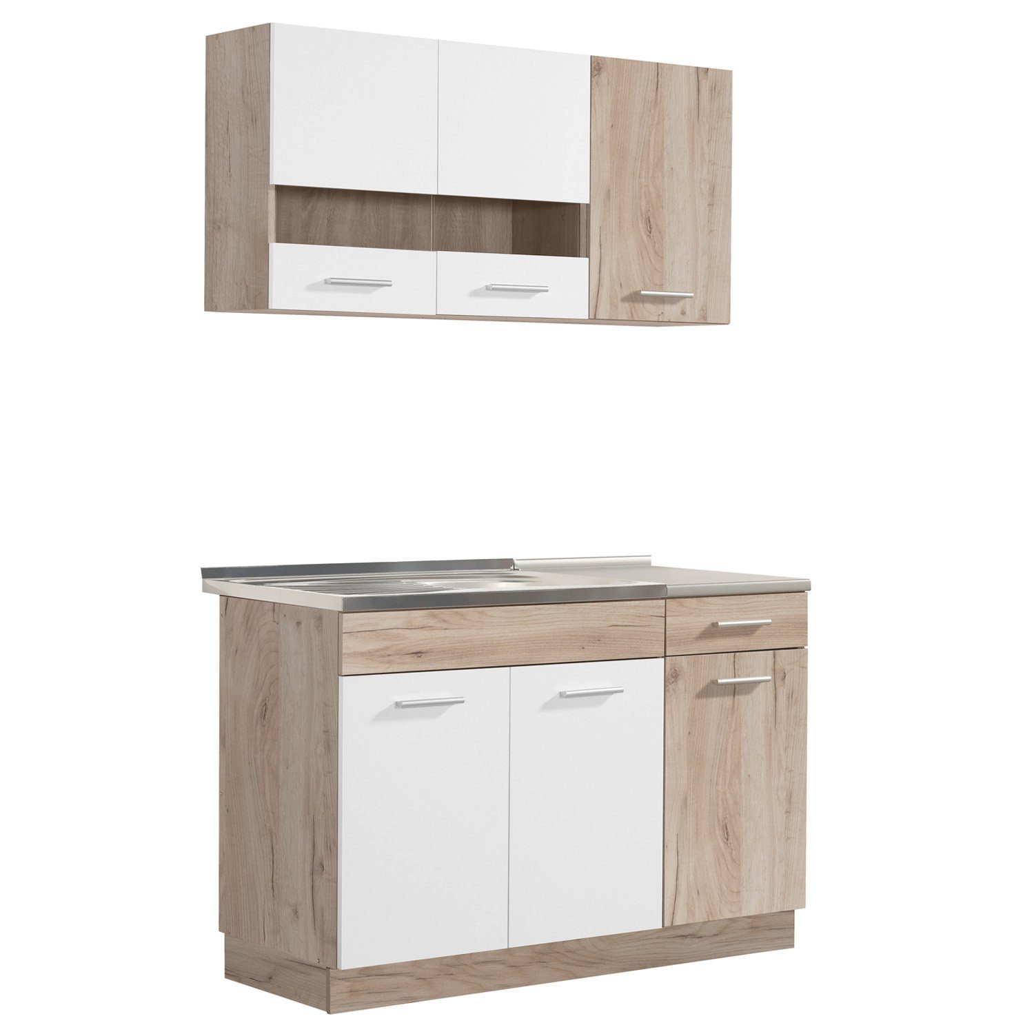 Homestyle4u Küchenzeile 120 cm ohne Geräte Singleküche Küchenschränke Weiß matt Eiche