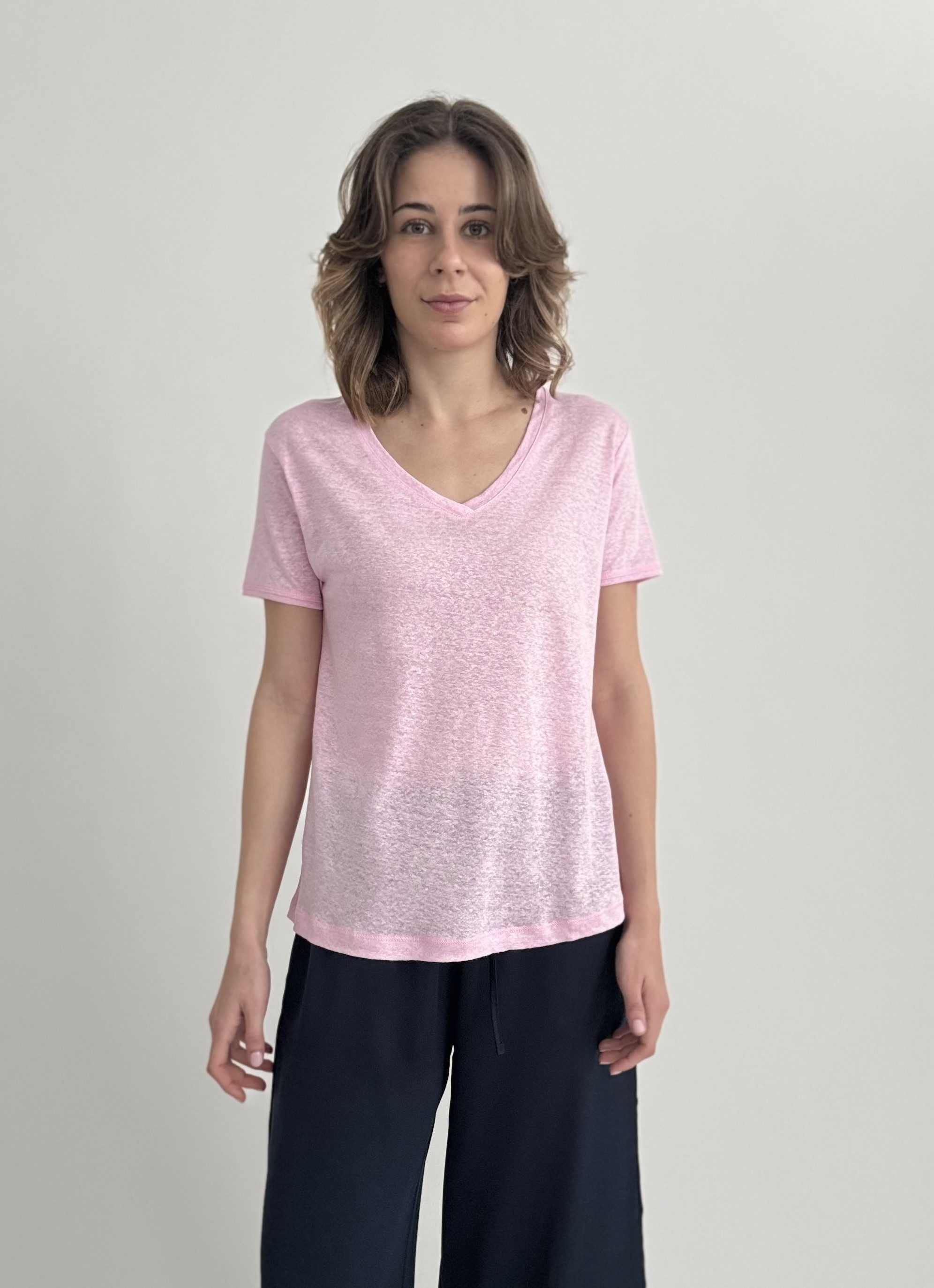 Zuckerwatte V-Shirt aus 100% Leinen, A-Linie günstig online kaufen
